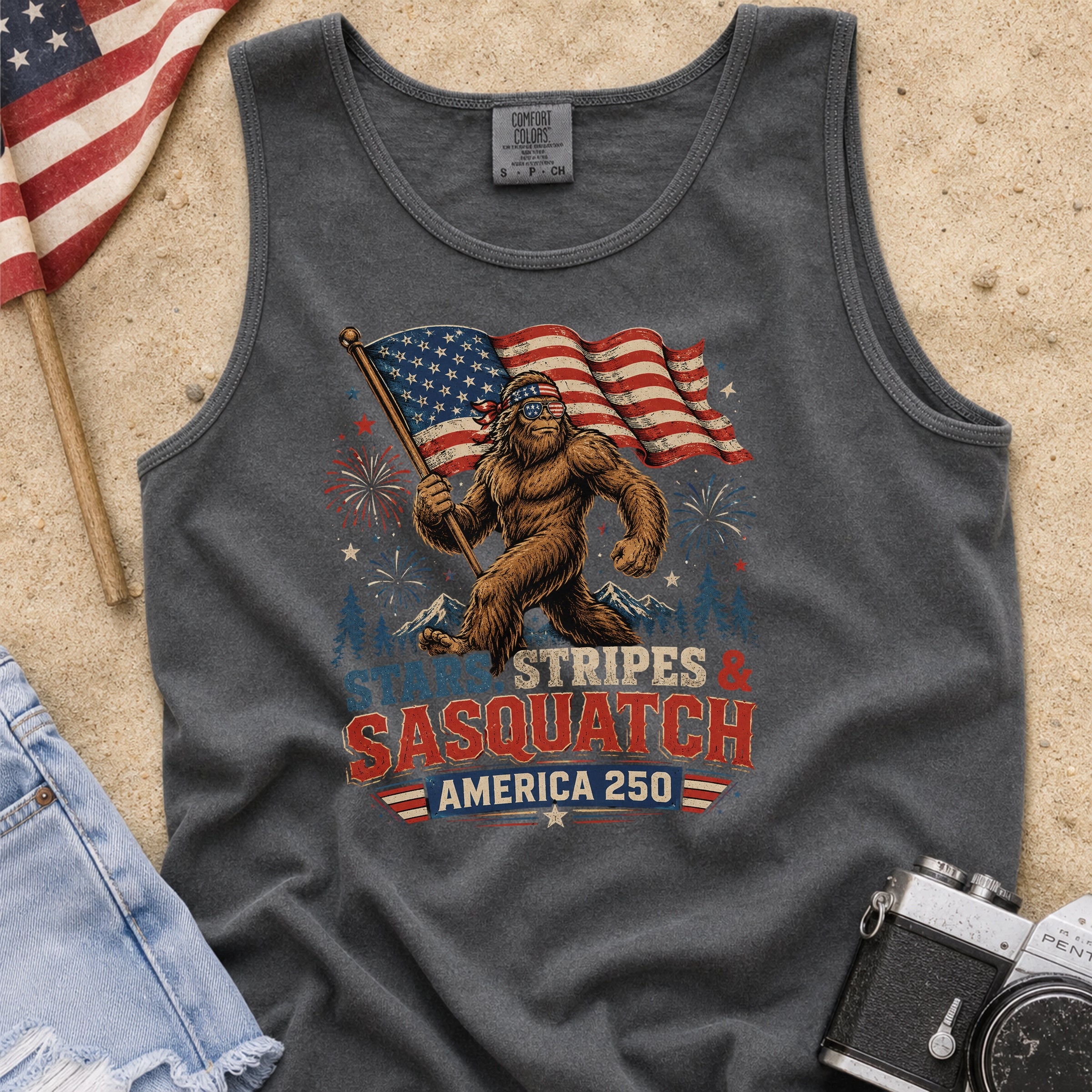 Stars, Stripes & Sasquatch T-Shirt, Patriotic America 250 Bigfoot Tank Top