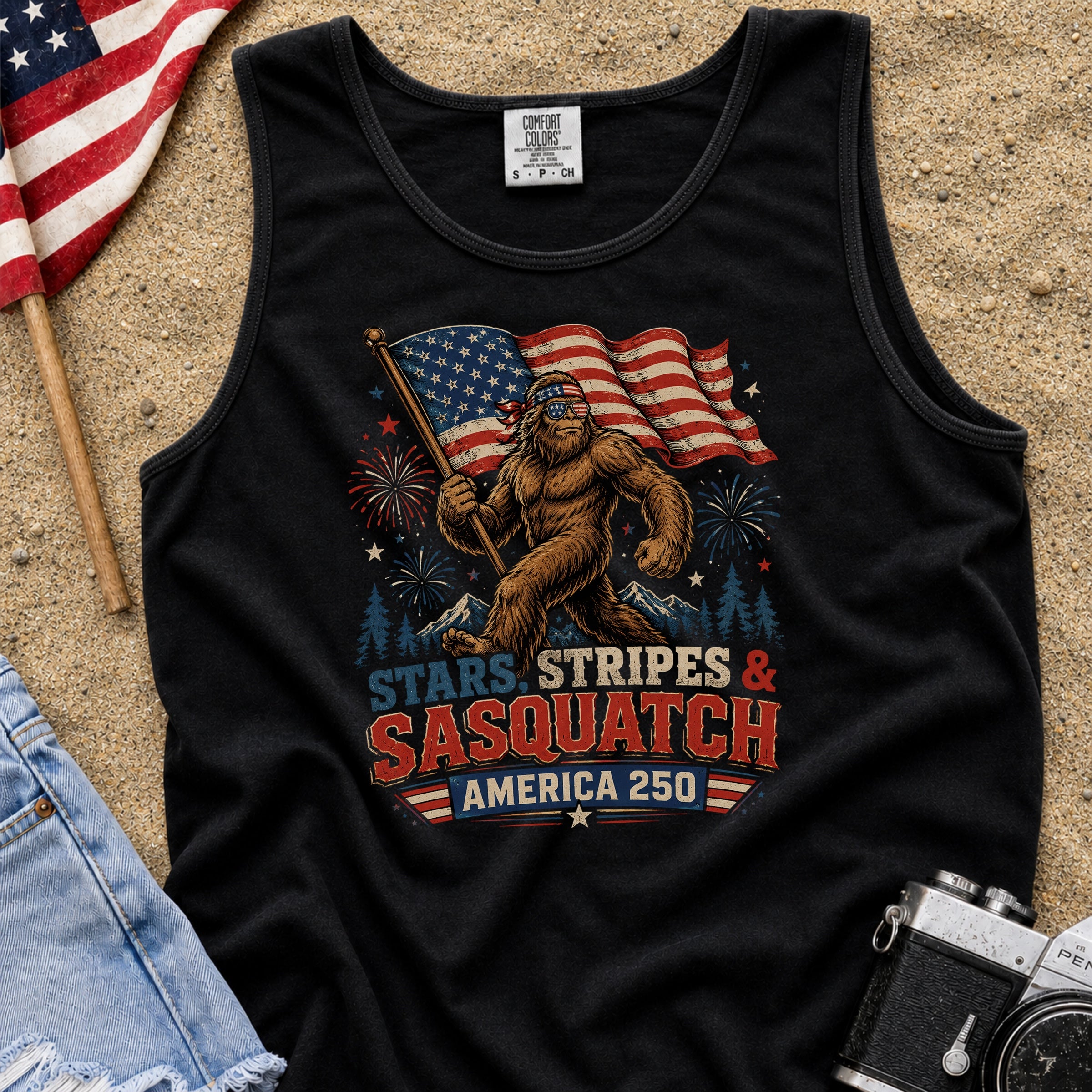 Stars, Stripes & Sasquatch T-Shirt, Patriotic America 250 Bigfoot Tank Top
