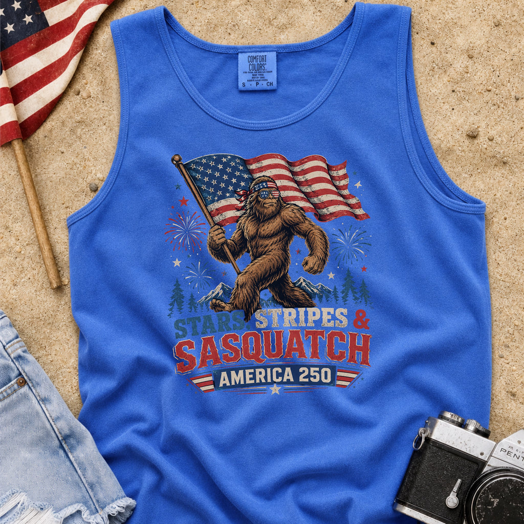 Stars, Stripes & Sasquatch T-Shirt, Patriotic America 250 Bigfoot Tank Top