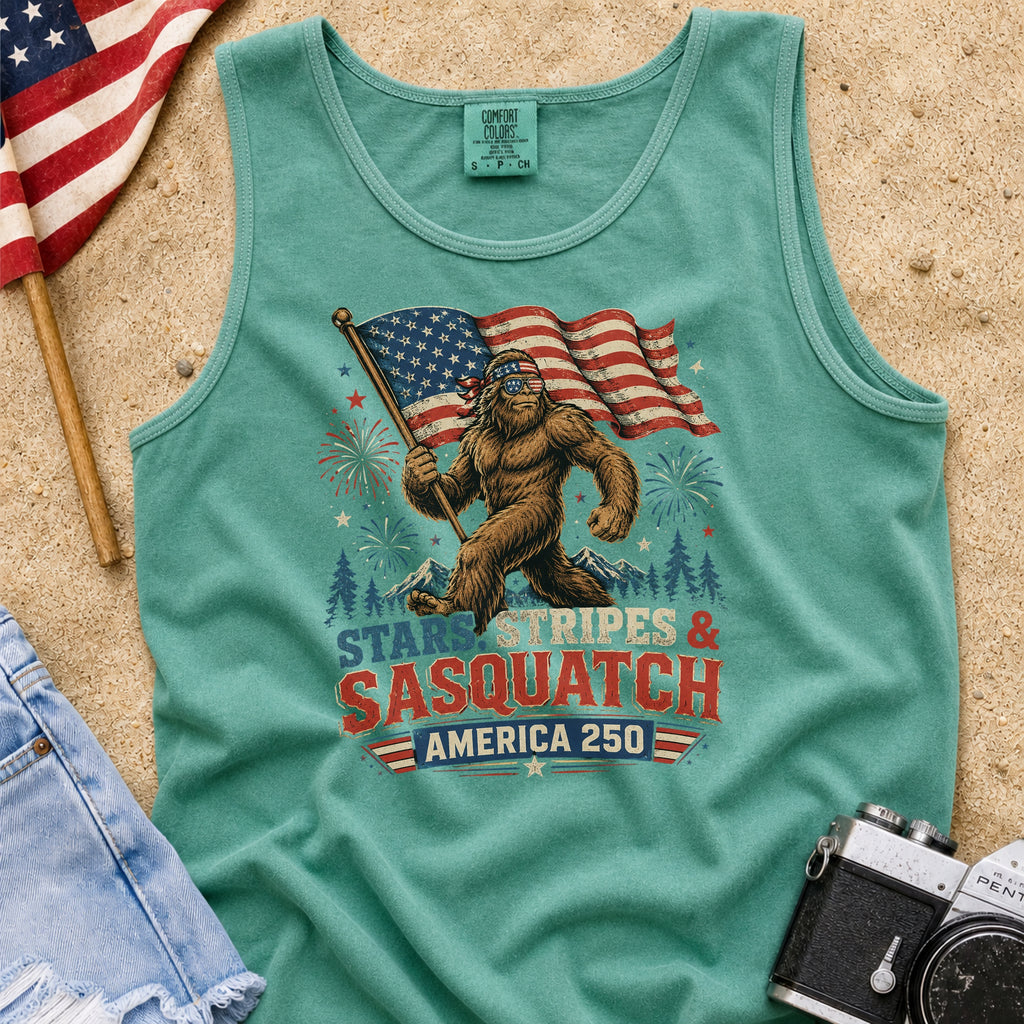 Stars, Stripes & Sasquatch T-Shirt, Patriotic America 250 Bigfoot Tank Top