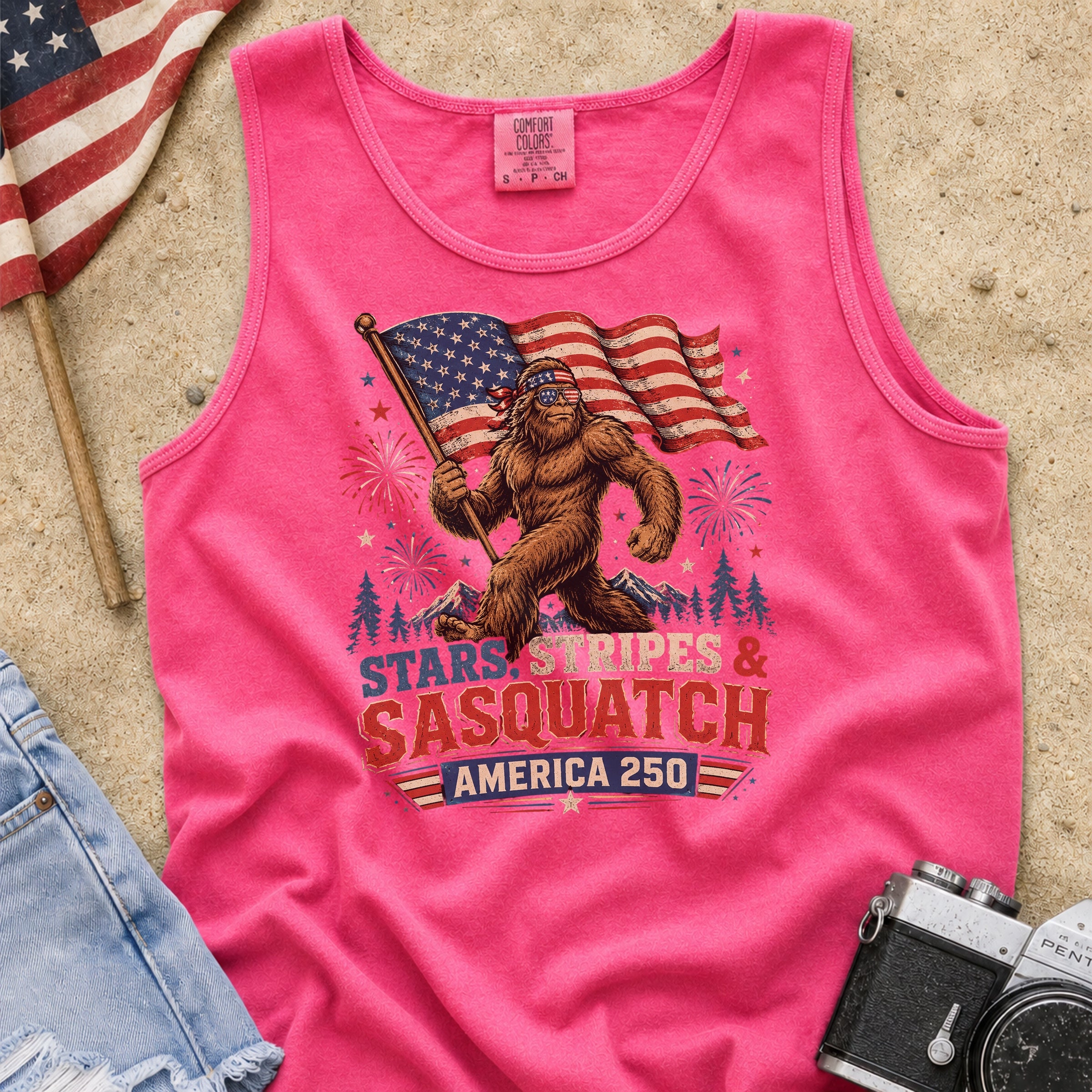 Stars, Stripes & Sasquatch T-Shirt, Patriotic America 250 Bigfoot Tank Top