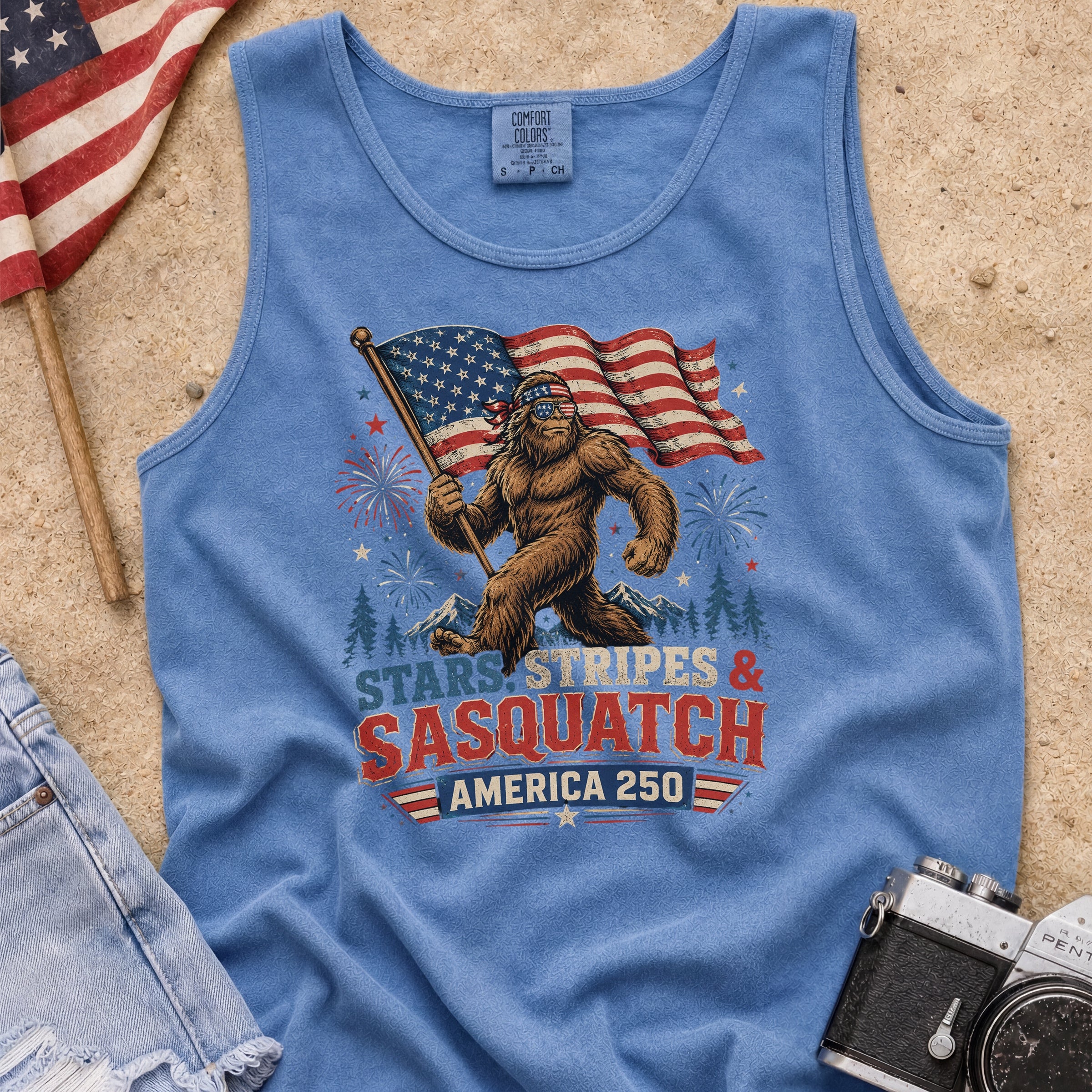 Stars, Stripes & Sasquatch T-Shirt, Patriotic America 250 Bigfoot Tank Top