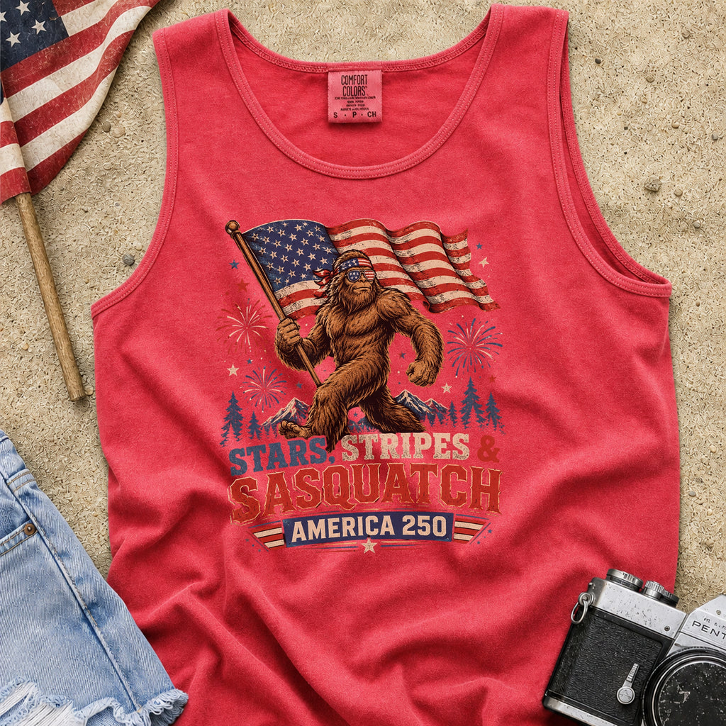 Stars, Stripes & Sasquatch T-Shirt, Patriotic America 250 Bigfoot Tank Top