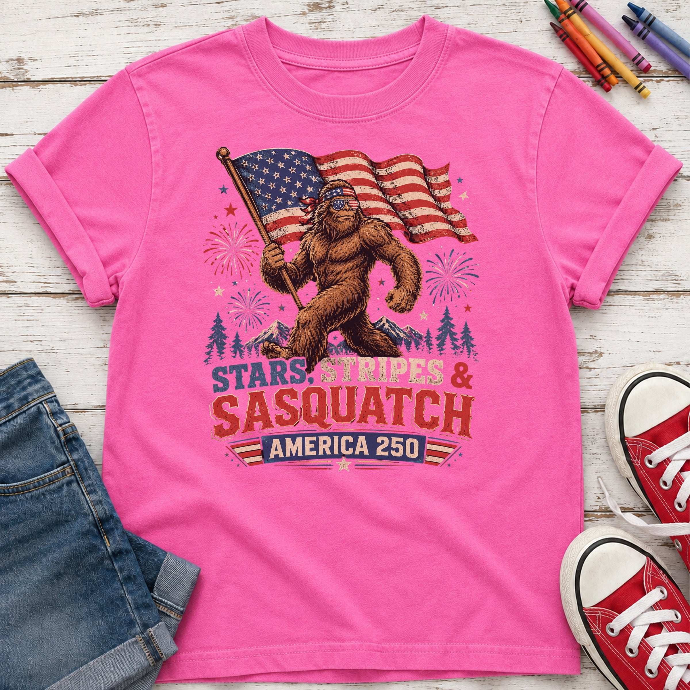 Stars, Stripes & Sasquatch T-Shirt, Patriotic America 250 Bigfoot Youth Tee