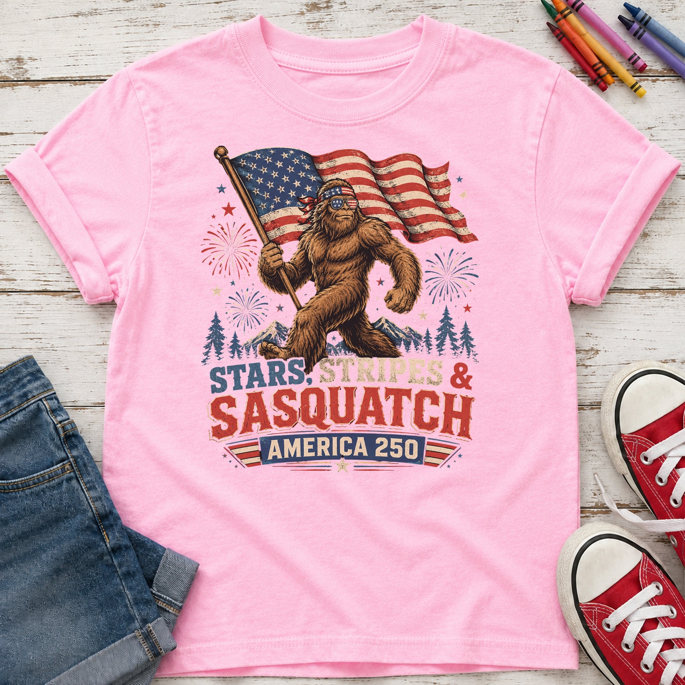 Stars, Stripes & Sasquatch T-Shirt, Patriotic America 250 Bigfoot Youth Tee