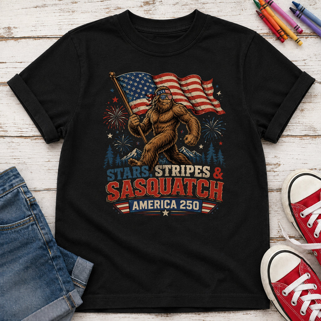 Stars, Stripes & Sasquatch T-Shirt, Patriotic America 250 Bigfoot Youth Tee
