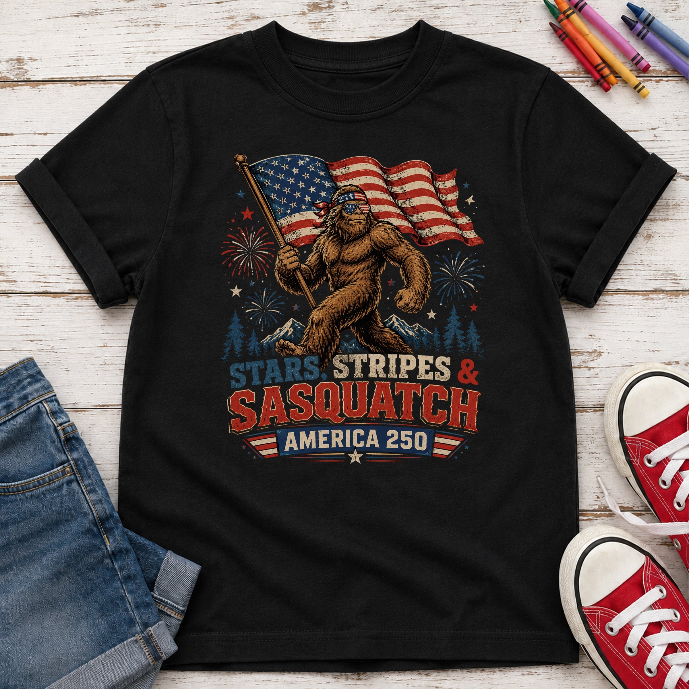 Stars, Stripes & Sasquatch T-Shirt, Patriotic America 250 Bigfoot Youth Tee