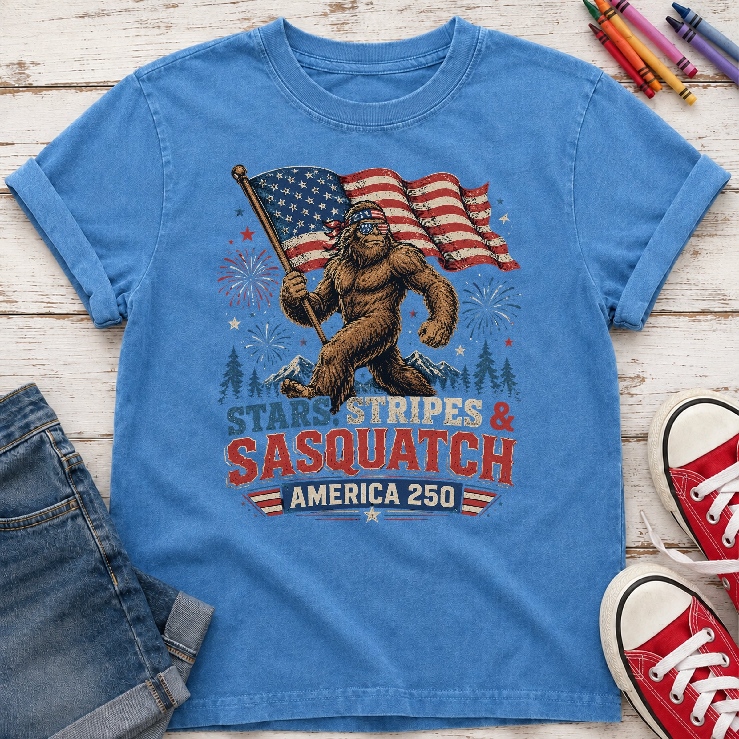 Stars, Stripes & Sasquatch T-Shirt, Patriotic America 250 Bigfoot Youth Tee