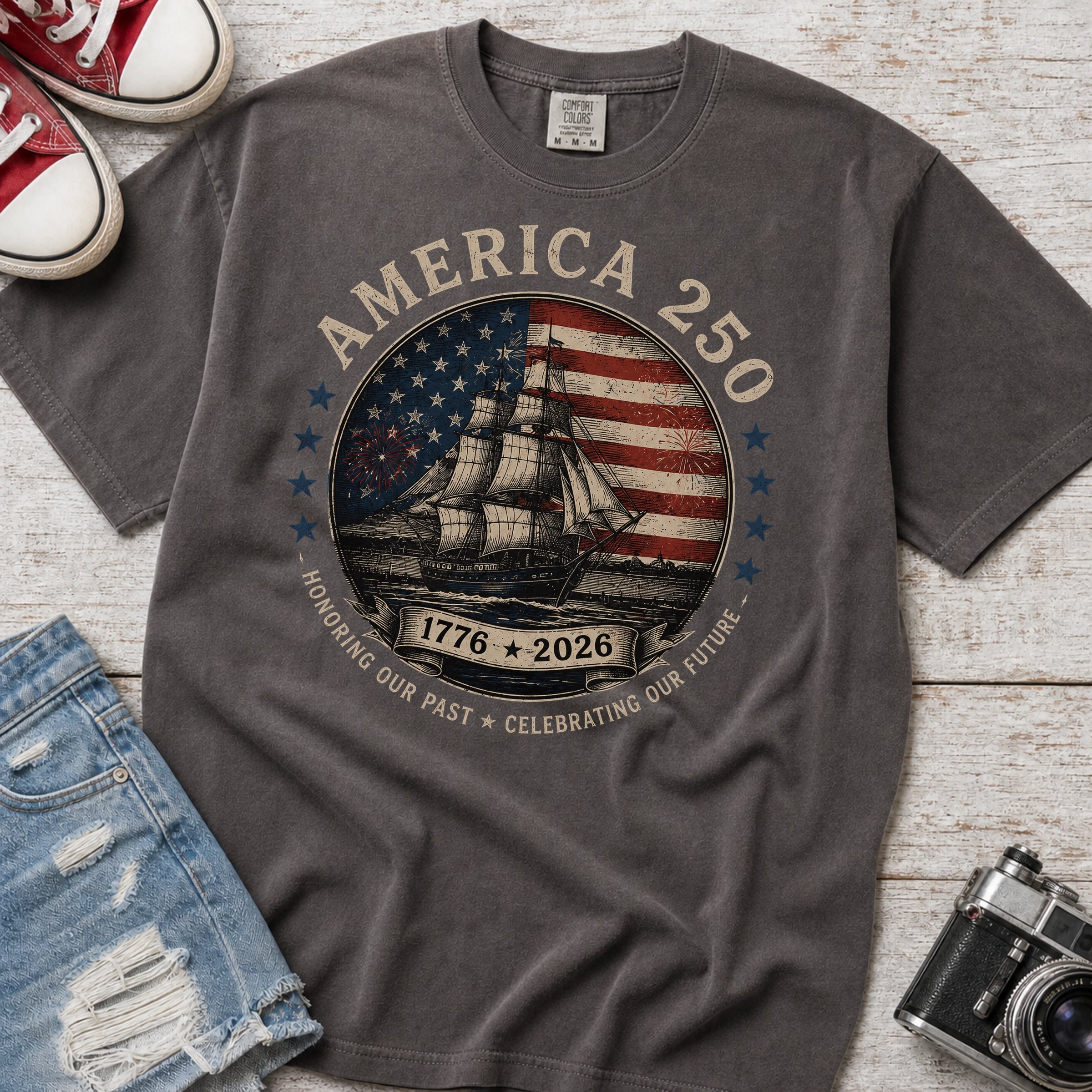 America 250 Vintage Ship & Flag T-Shirt, 1776–2026 Independence Tee Secondary image