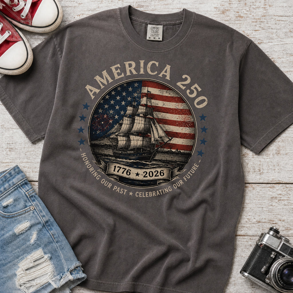 America 250 Vintage Ship & Flag T-Shirt, 1776–2026 Independence Tee