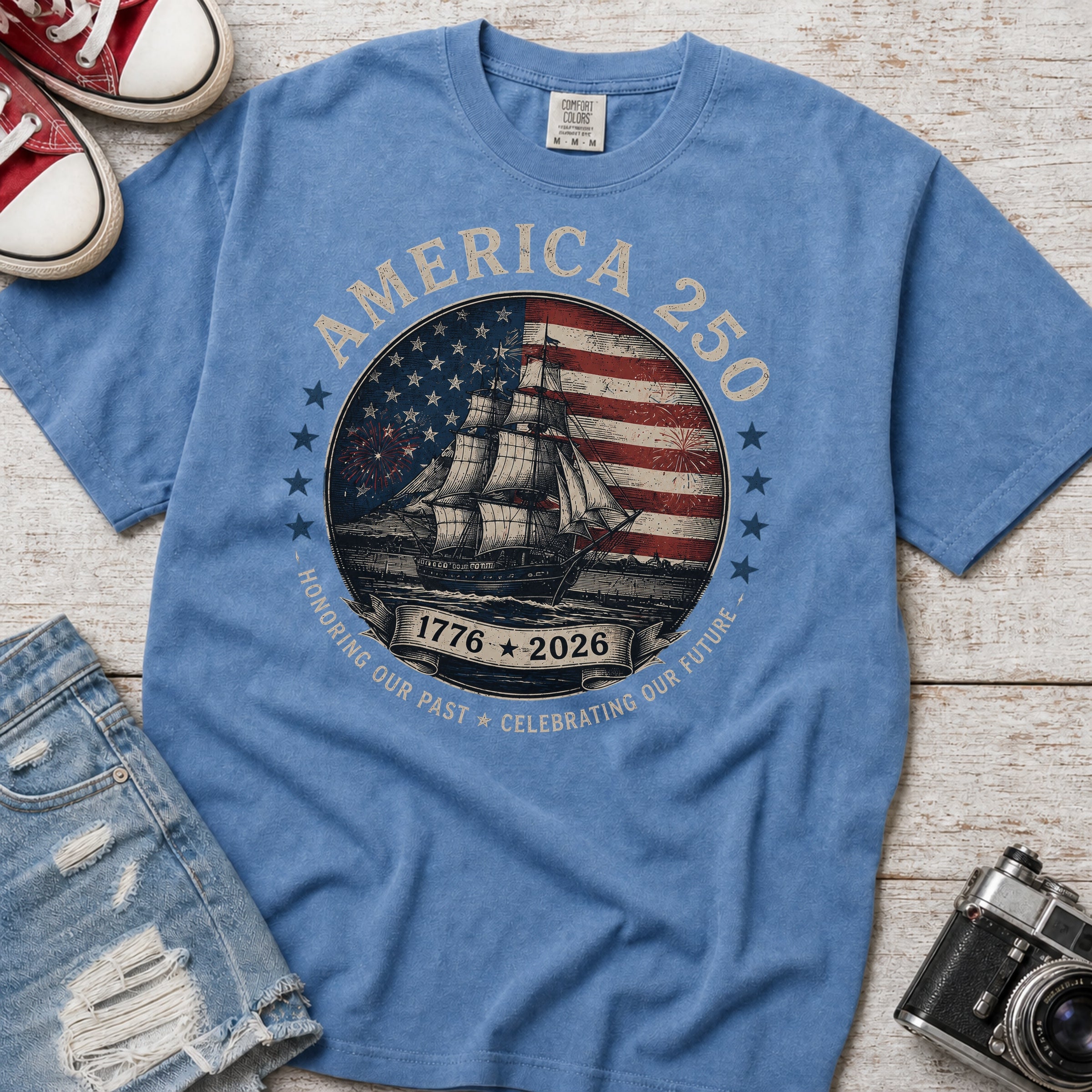 America 250 Vintage Ship & Flag T-Shirt, 1776–2026 Independence Tee