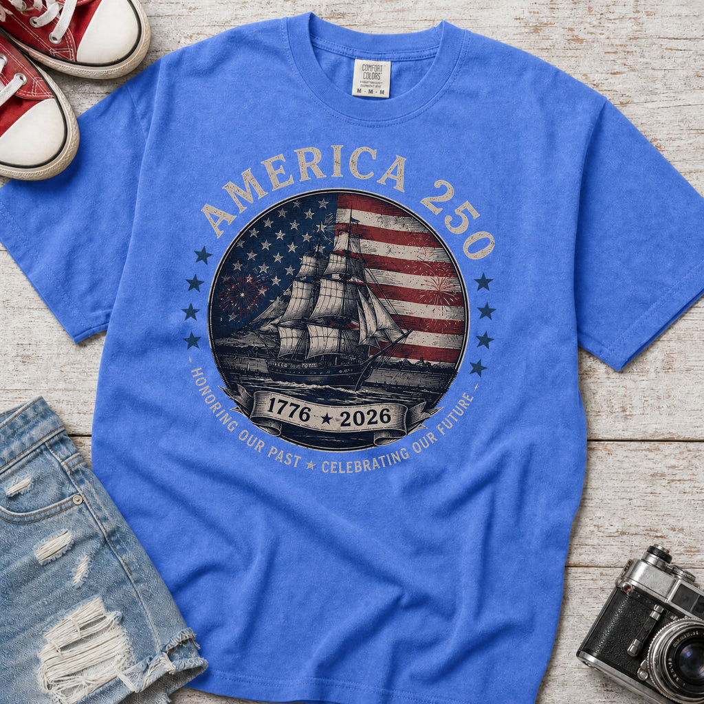 America 250 Vintage Ship & Flag T-Shirt, 1776–2026 Independence Tee