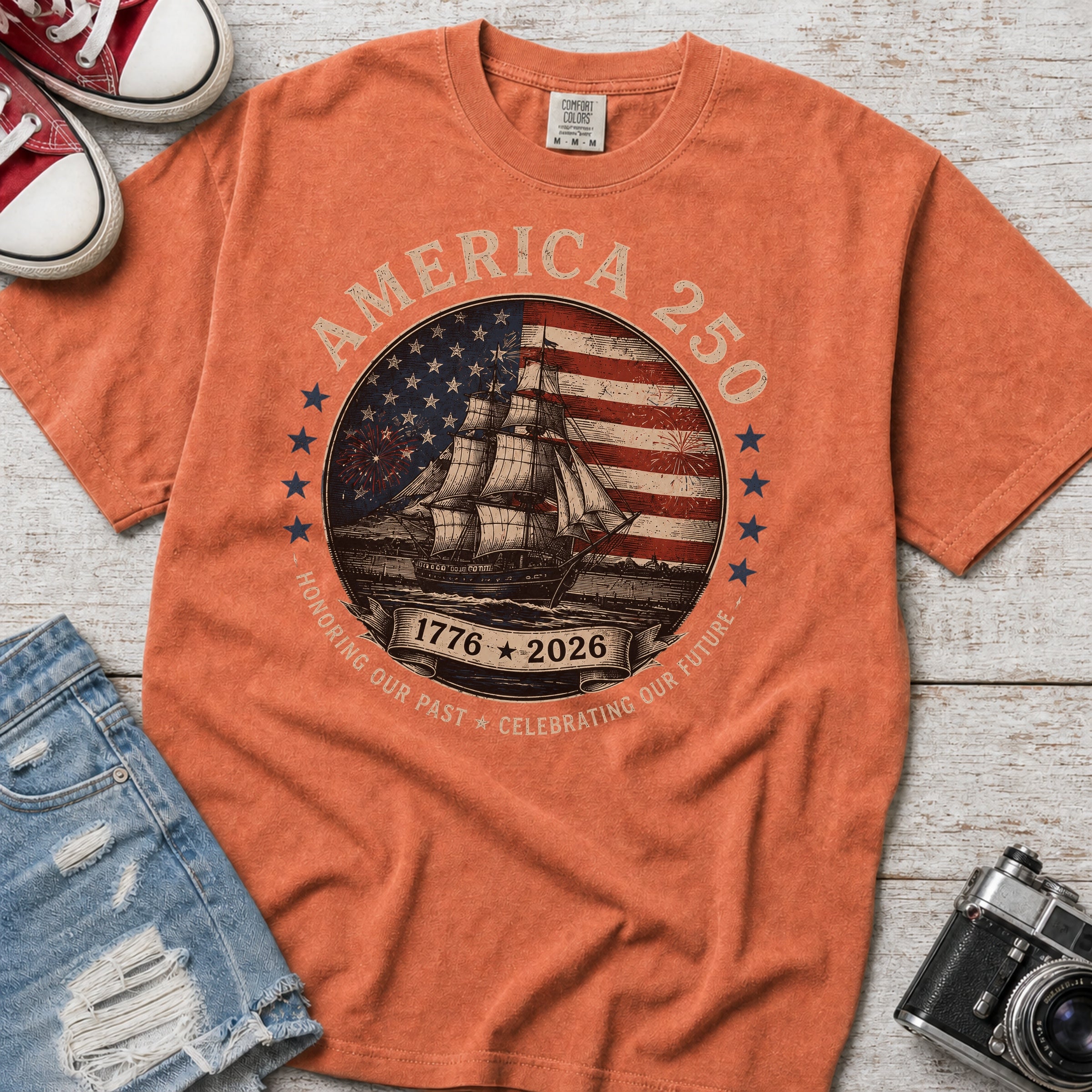 America 250 Vintage Ship & Flag T-Shirt, 1776–2026 Independence Tee