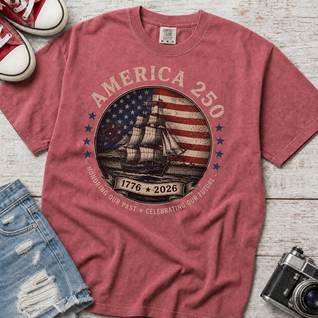 America 250 Vintage Ship & Flag T-Shirt, 1776–2026 Independence Tee