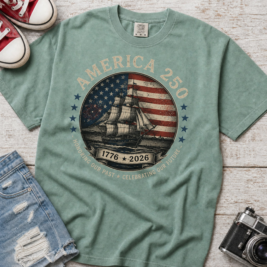 America 250 Vintage Ship & Flag T-Shirt, 1776–2026 Independence Tee
