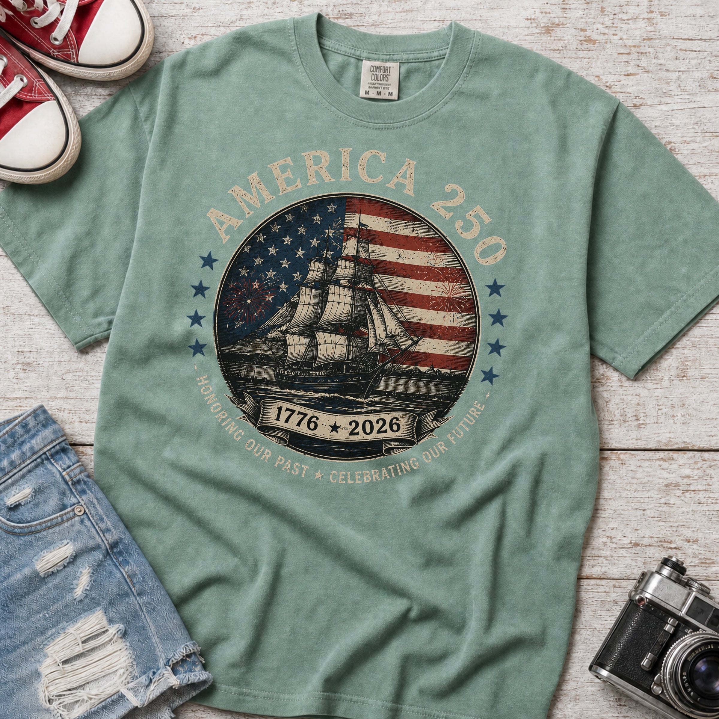America 250 Vintage Ship & Flag T-Shirt, 1776–2026 Independence Tee