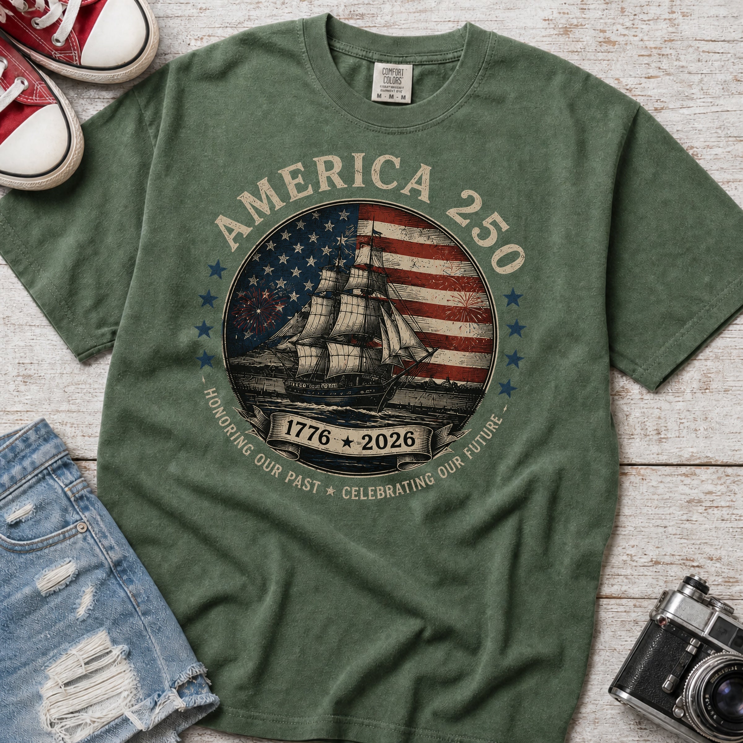America 250 Vintage Ship & Flag T-Shirt, 1776–2026 Independence Tee