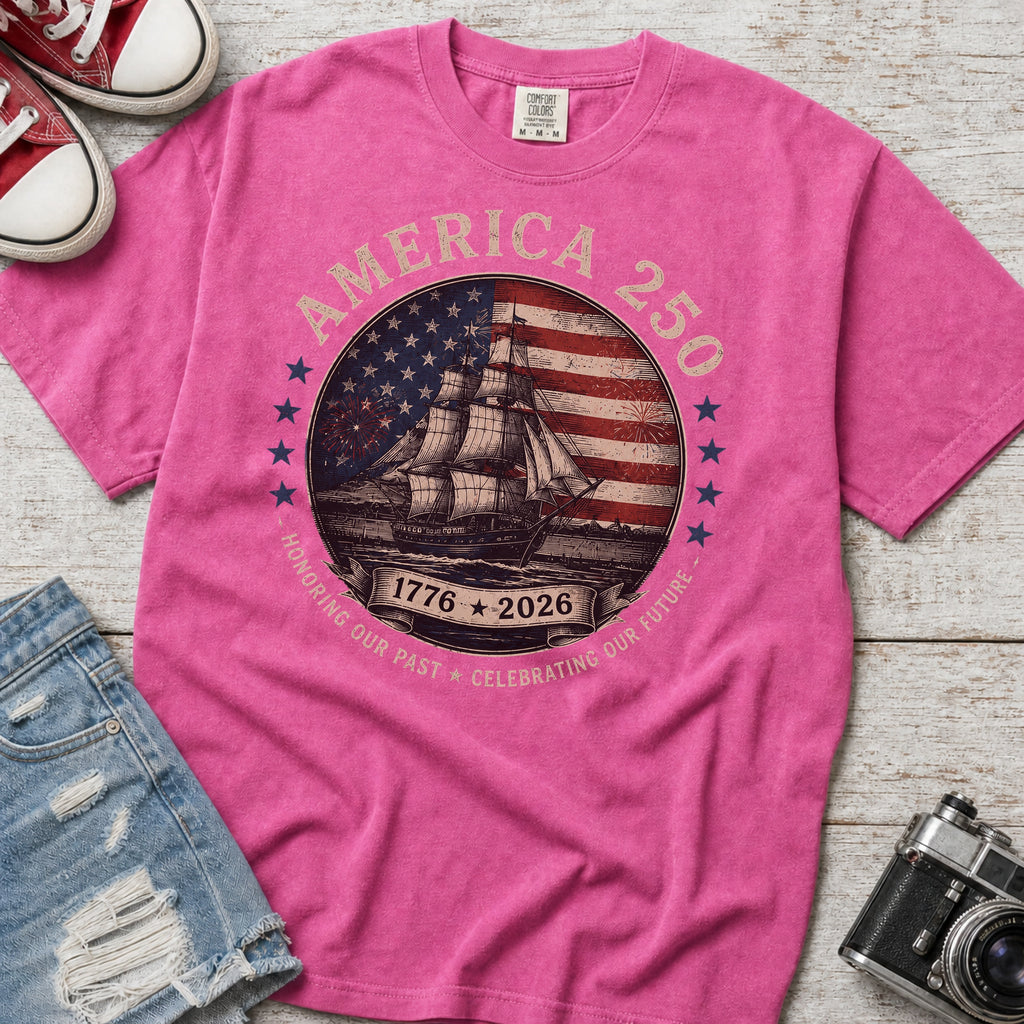 America 250 Vintage Ship & Flag T-Shirt, 1776–2026 Independence Tee