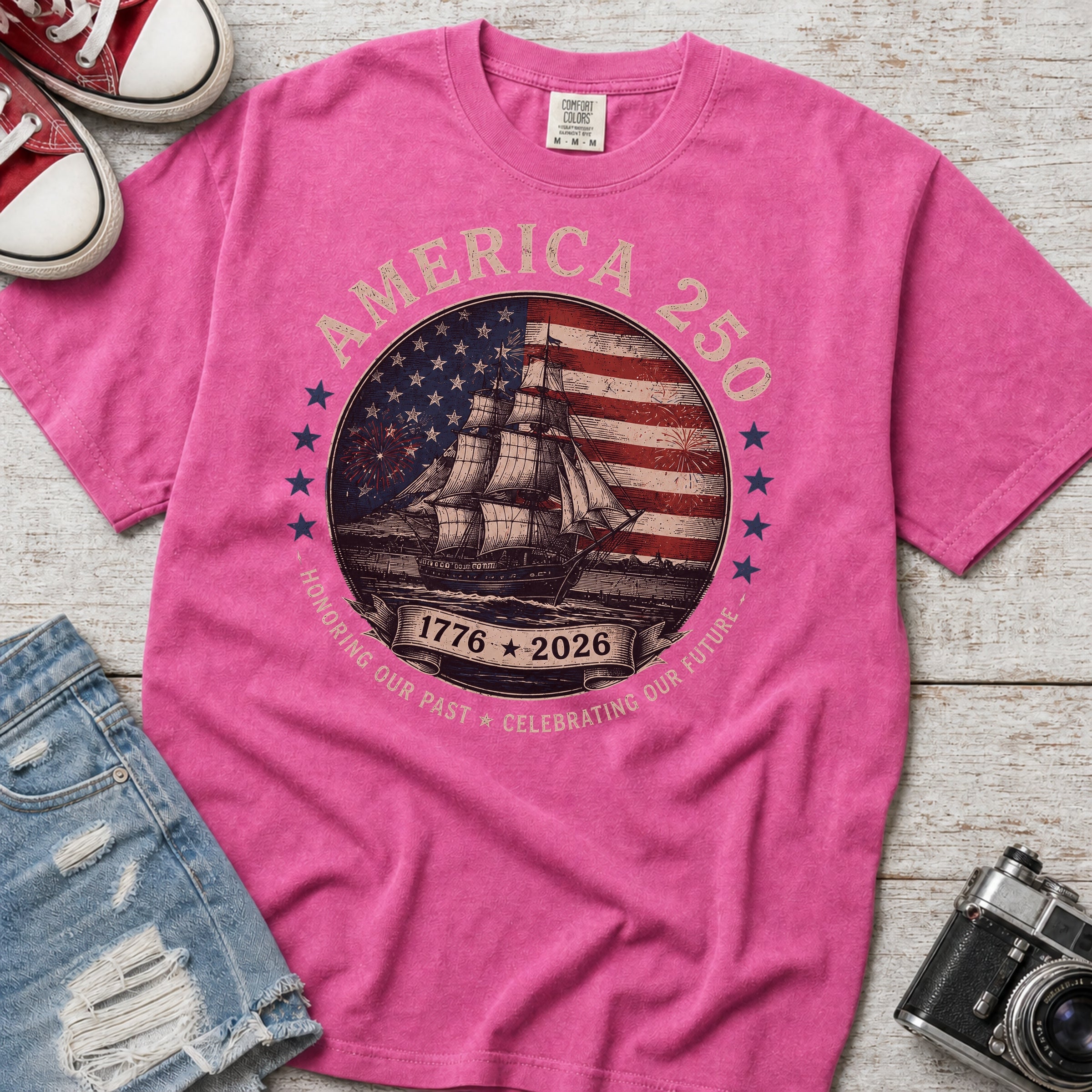 America 250 Vintage Ship & Flag T-Shirt, 1776–2026 Independence Tee