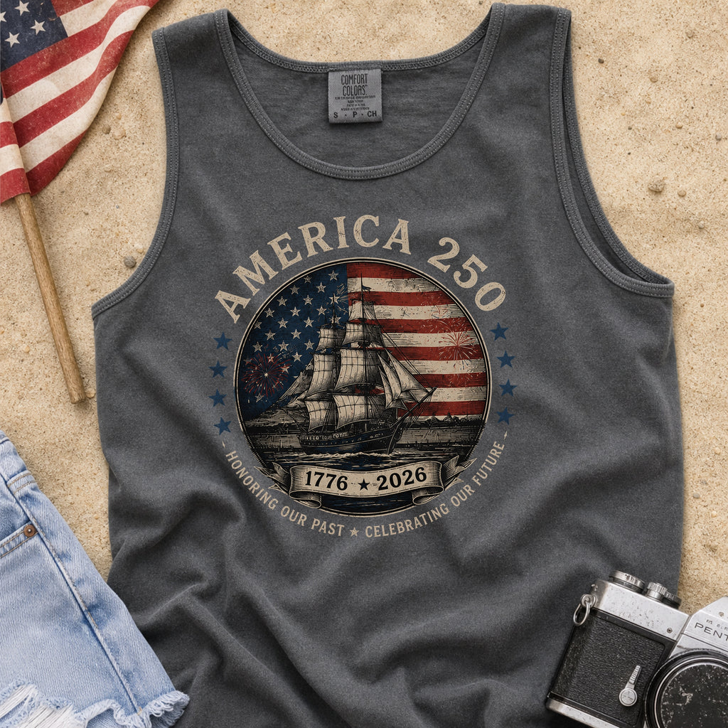 America 250 Vintage Ship & Flag Tank Top, 1776–2026 Independence Shirt
