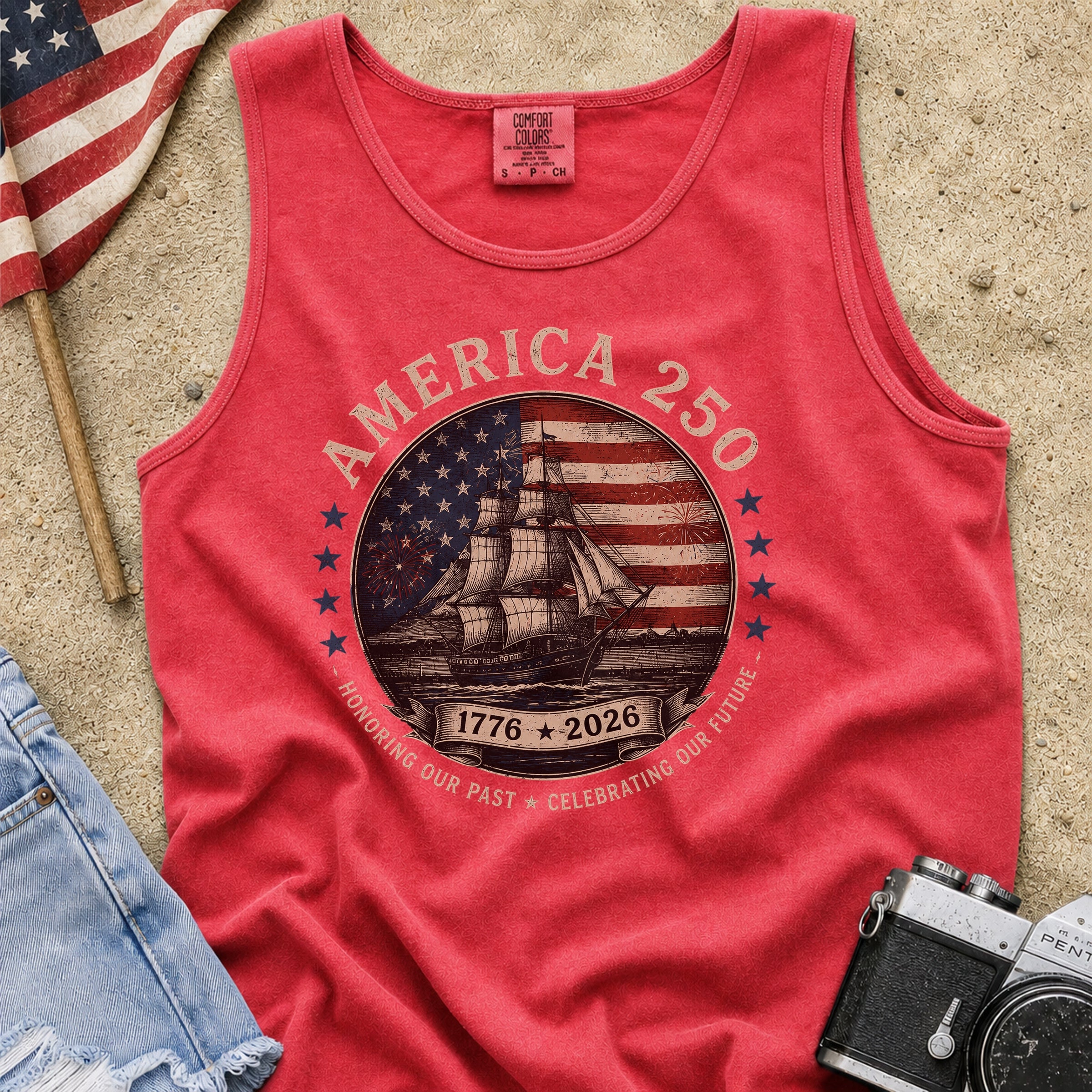 America 250 Vintage Ship & Flag Tank Top, 1776–2026 Independence Shirt