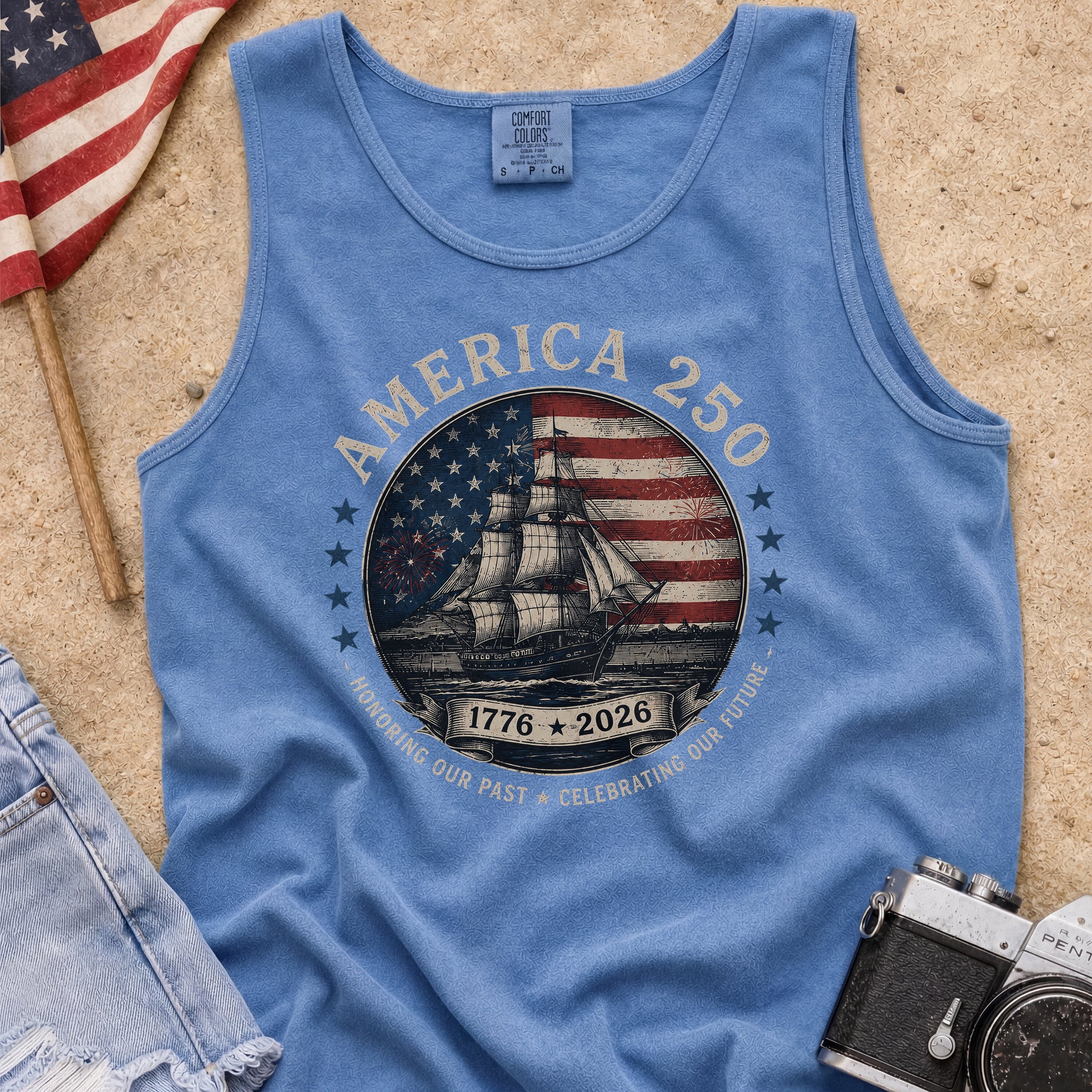 America 250 Vintage Ship & Flag Tank Top, 1776–2026 Independence Shirt
