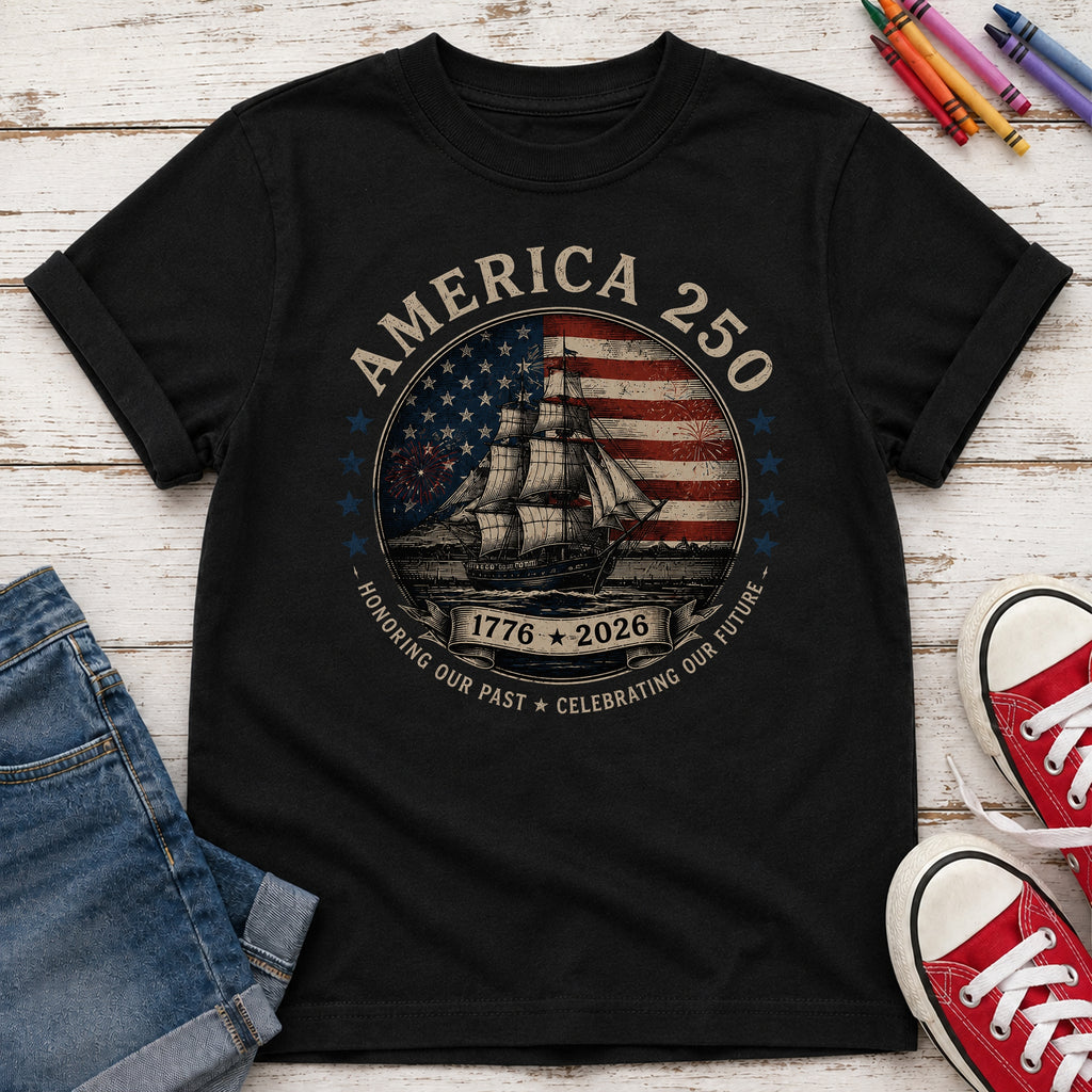 America 250 Vintage Ship & Flag Youth Tee, 1776–2026 Independence Shirt