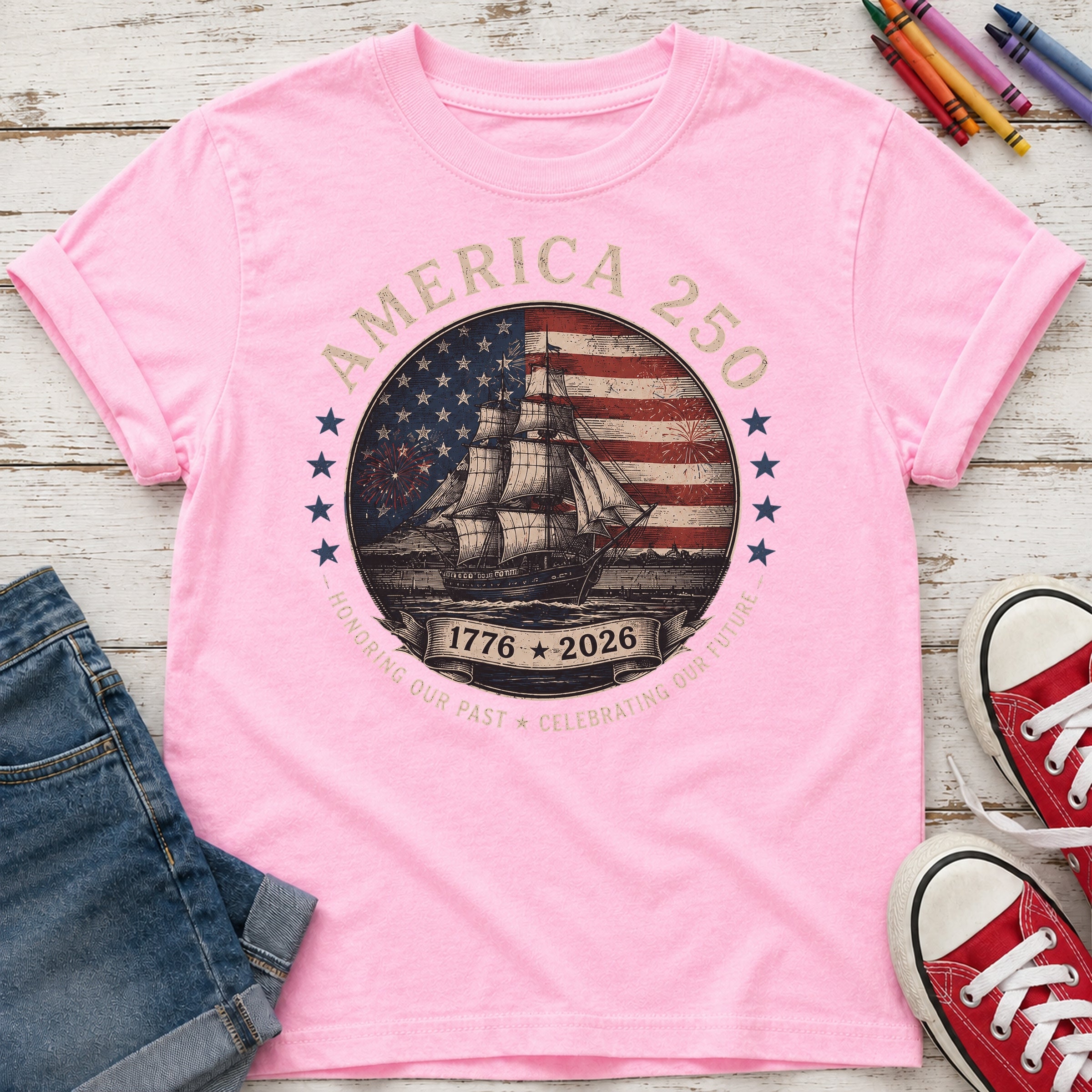 America 250 Vintage Ship & Flag Youth Tee, 1776–2026 Independence Shirt