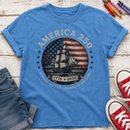 America 250 Vintage Ship & Flag Youth Tee, 1776–2026 Independence Shirt