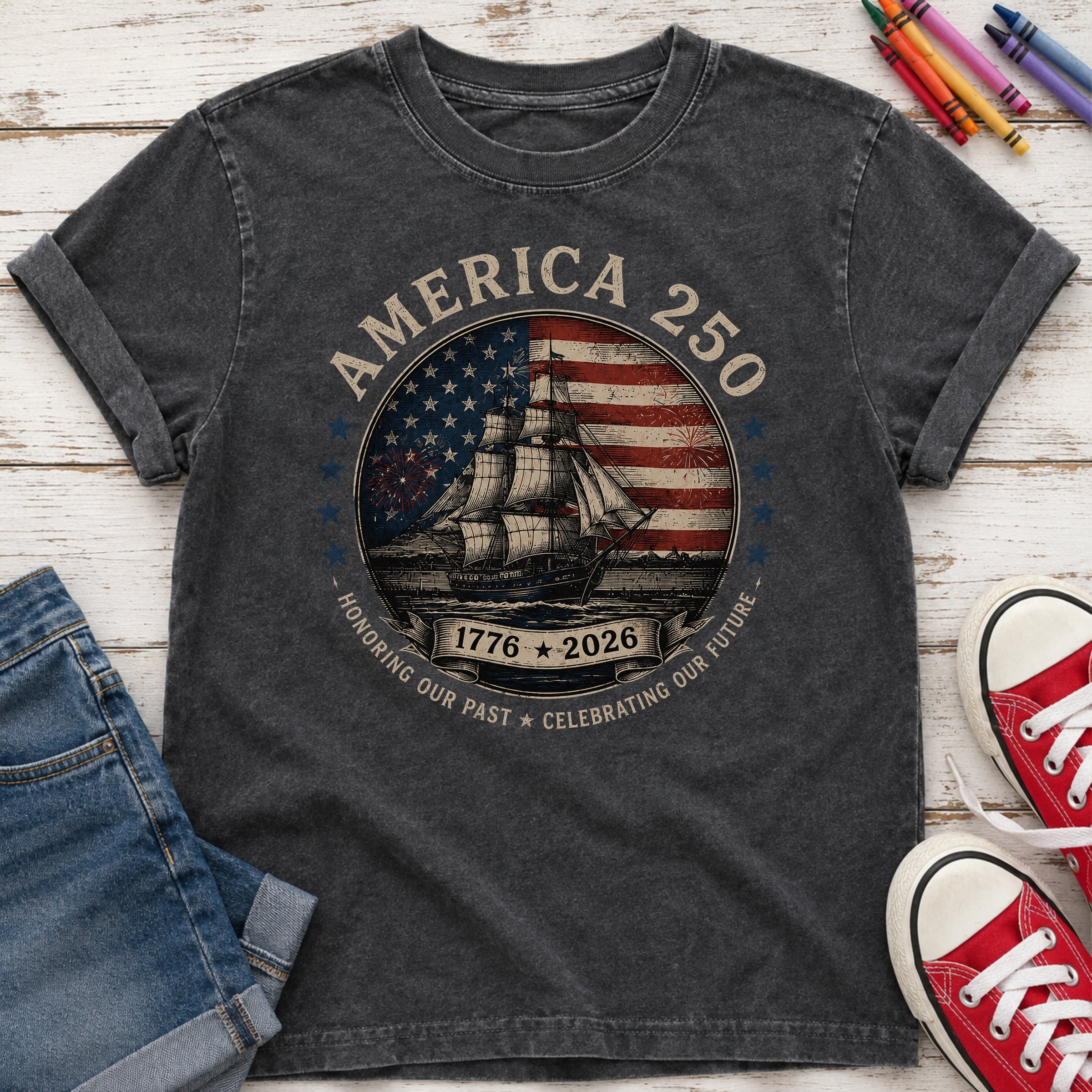 America 250 Vintage Ship & Flag Youth Tee, 1776–2026 Independence Shirt