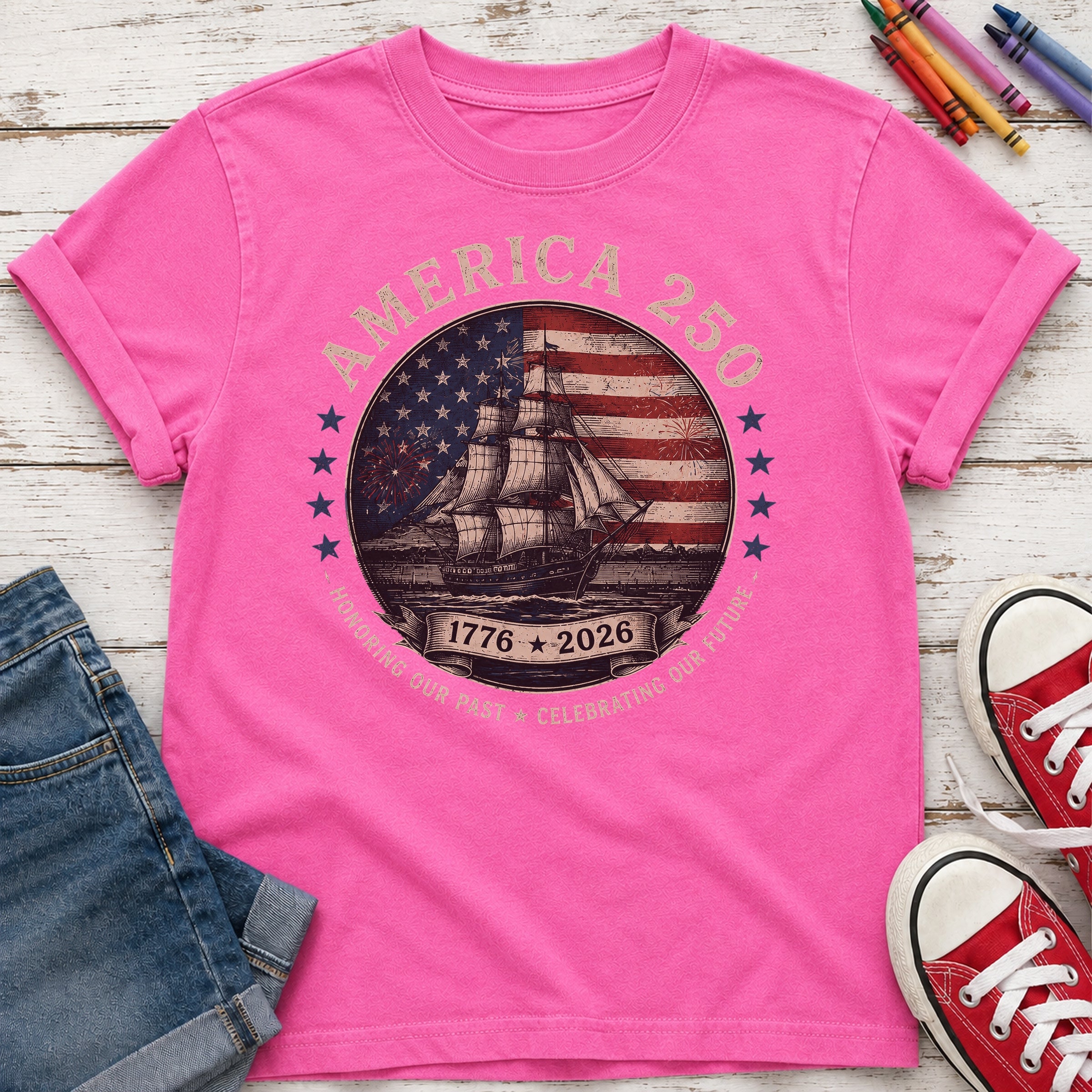 America 250 Vintage Ship & Flag Youth Tee, 1776–2026 Independence Shirt