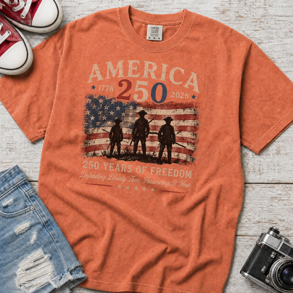 Defending Liberty America 250 Patriotic T-Shirt, 250 Years of Freedom Flag Tee