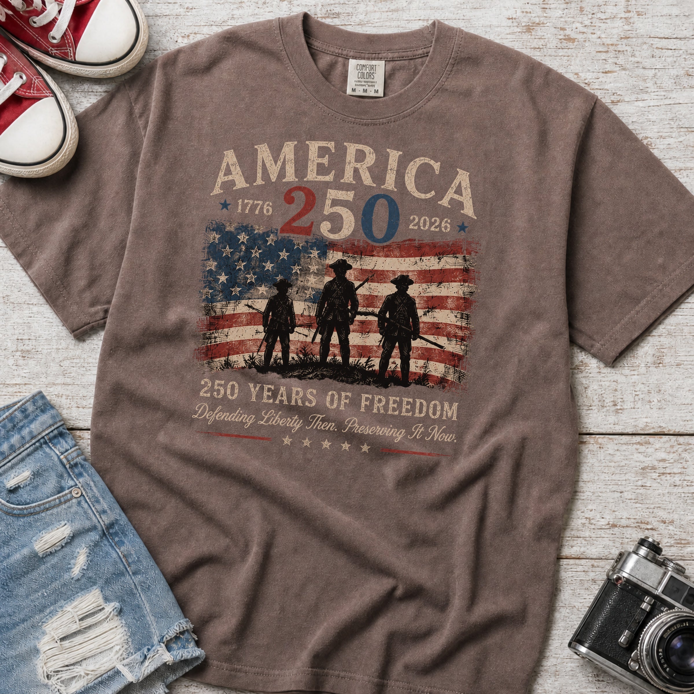 Defending Liberty America 250 Patriotic T-Shirt, 250 Years of Freedom Flag Tee