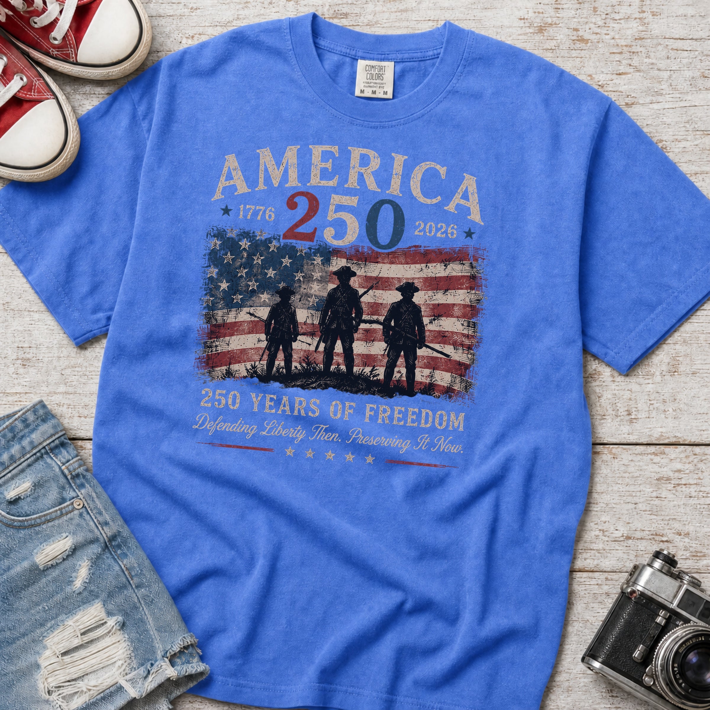 Defending Liberty America 250 Patriotic T-Shirt, 250 Years of Freedom Flag Tee