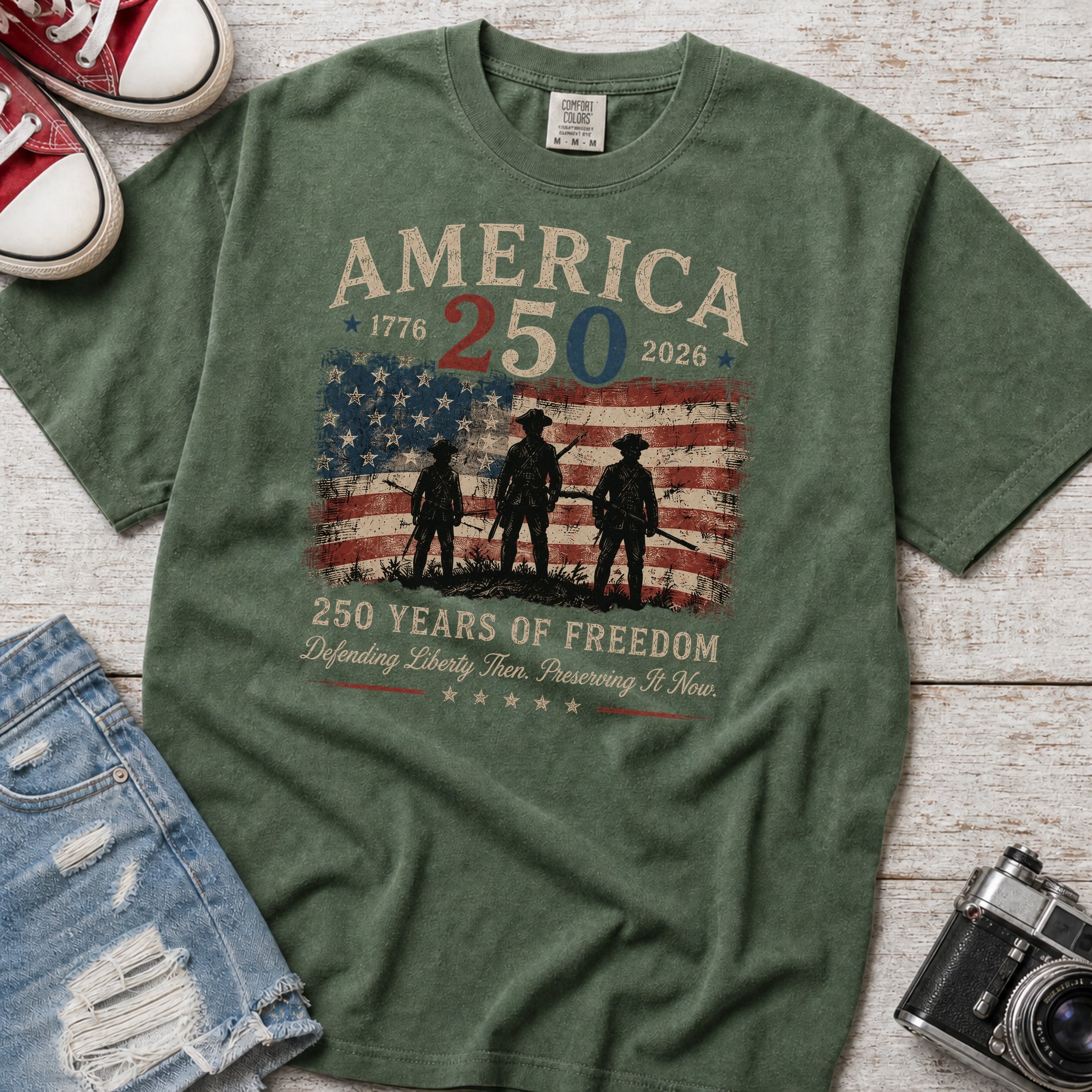 Defending Liberty America 250 Patriotic T-Shirt, 250 Years of Freedom Flag Tee