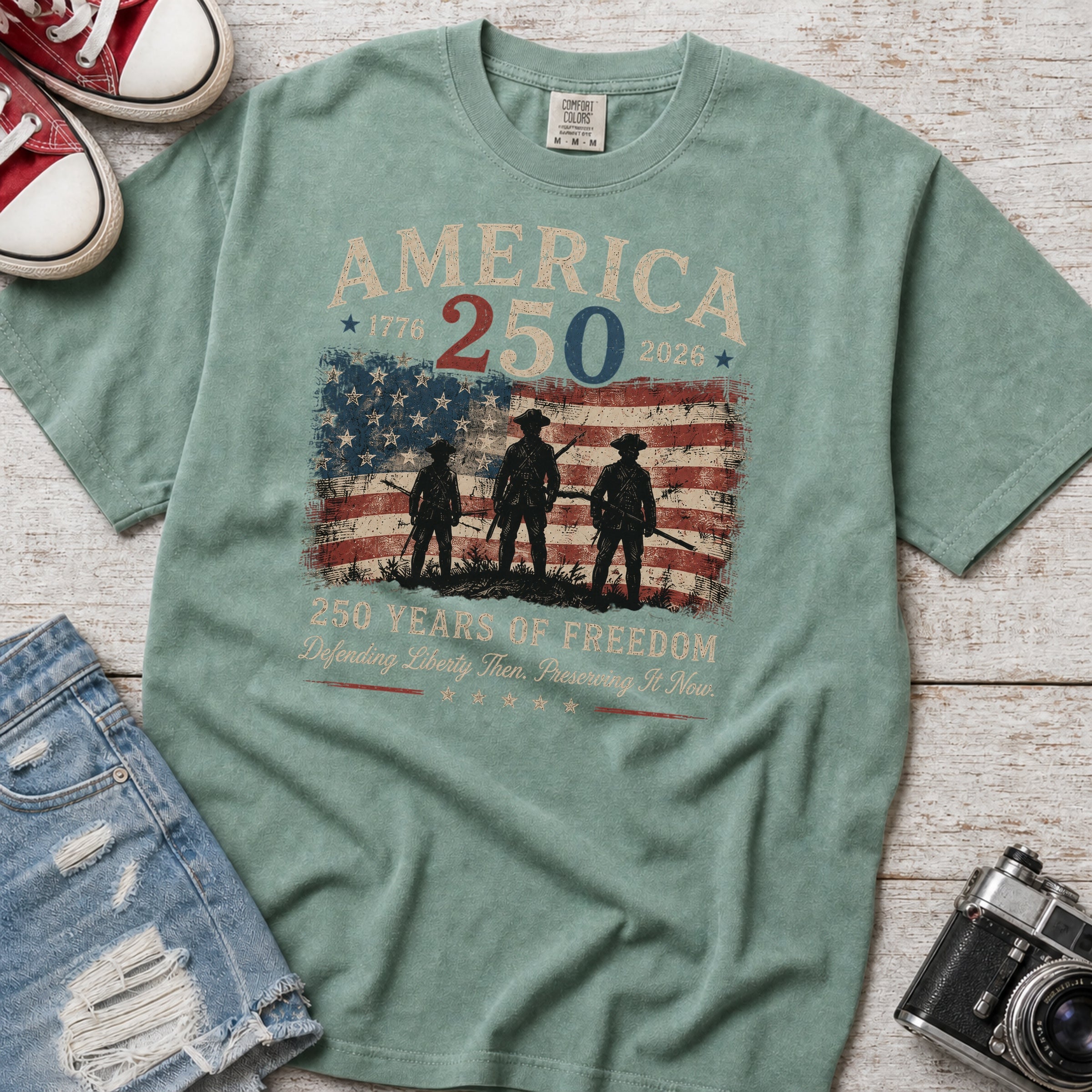 Defending Liberty America 250 Patriotic T-Shirt, 250 Years of Freedom Flag Tee