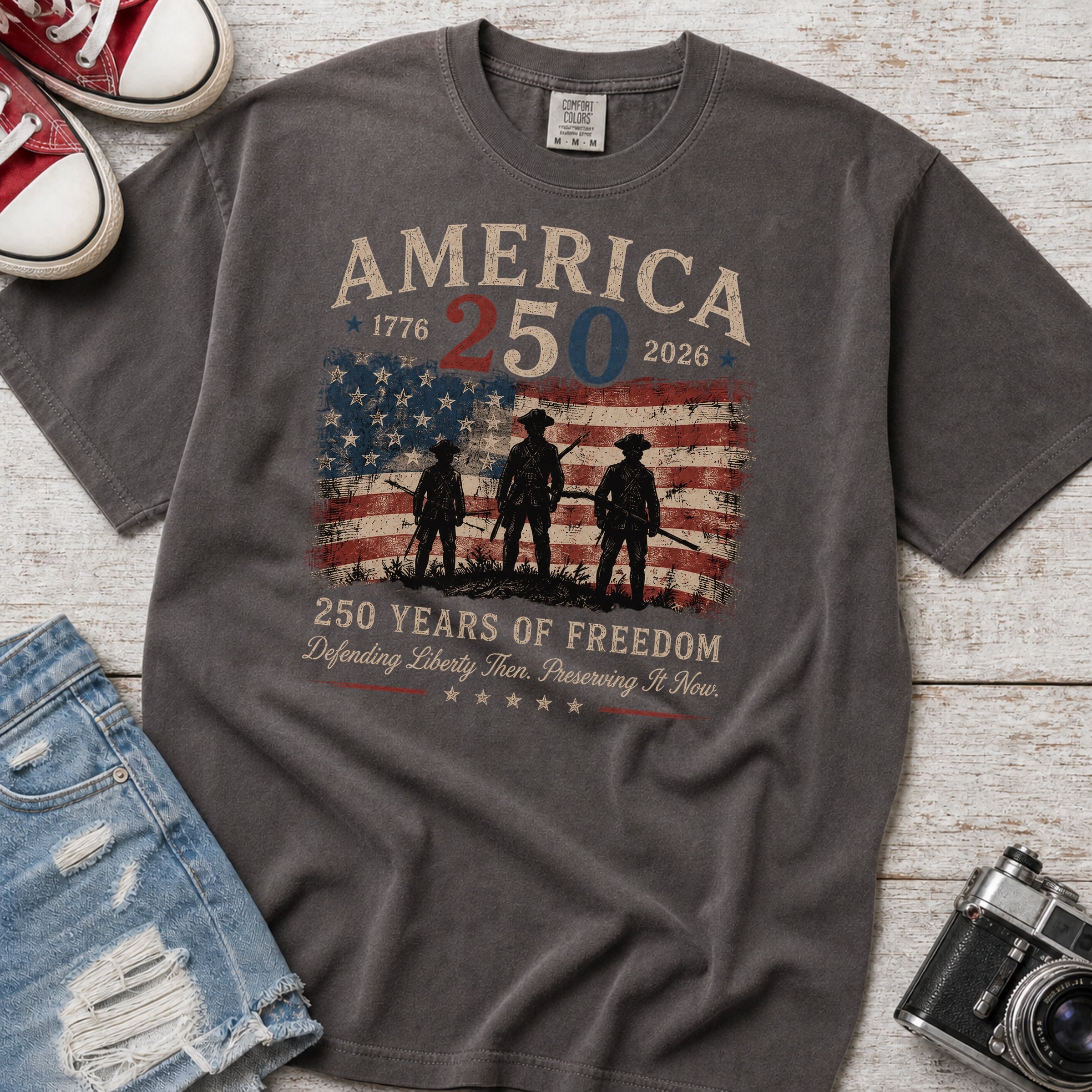 Defending Liberty America 250 Patriotic T-Shirt, 250 Years of Freedom Flag Tee