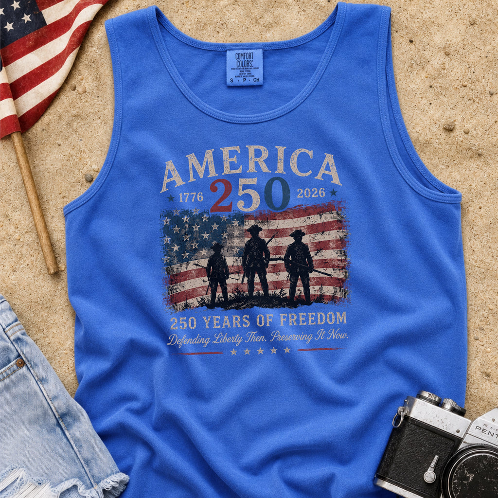 Defending Liberty America 250 Patriotic Tank Top, 250 Years of Freedom Flag Tank