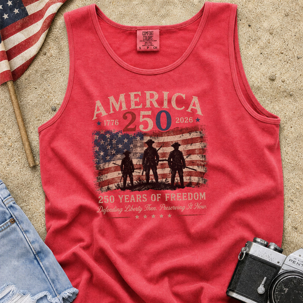 Defending Liberty America 250 Patriotic Tank Top, 250 Years of Freedom Flag Tank