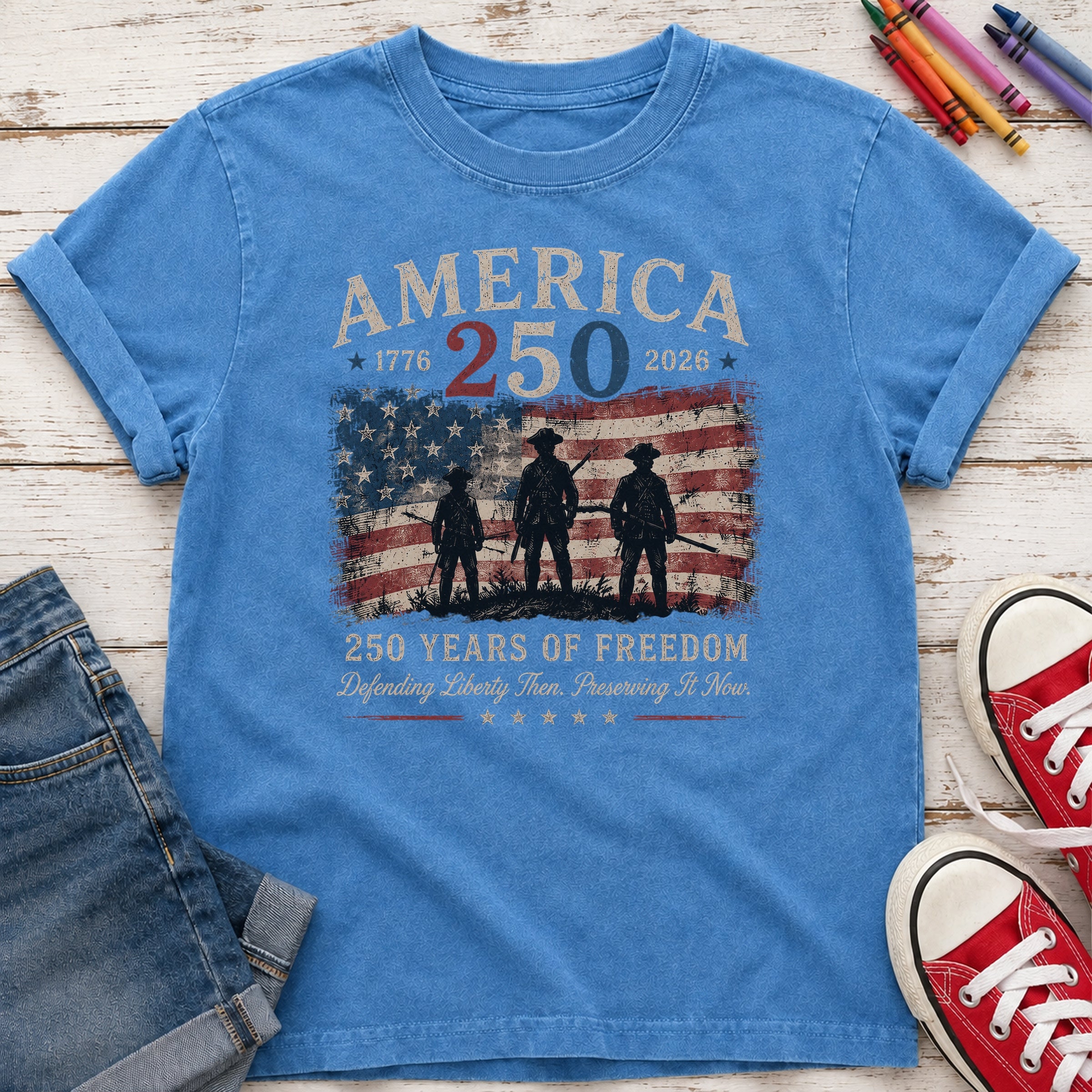 Defending Liberty America 250 Patriotic Youth Tee, 250 Years of Freedom Flag