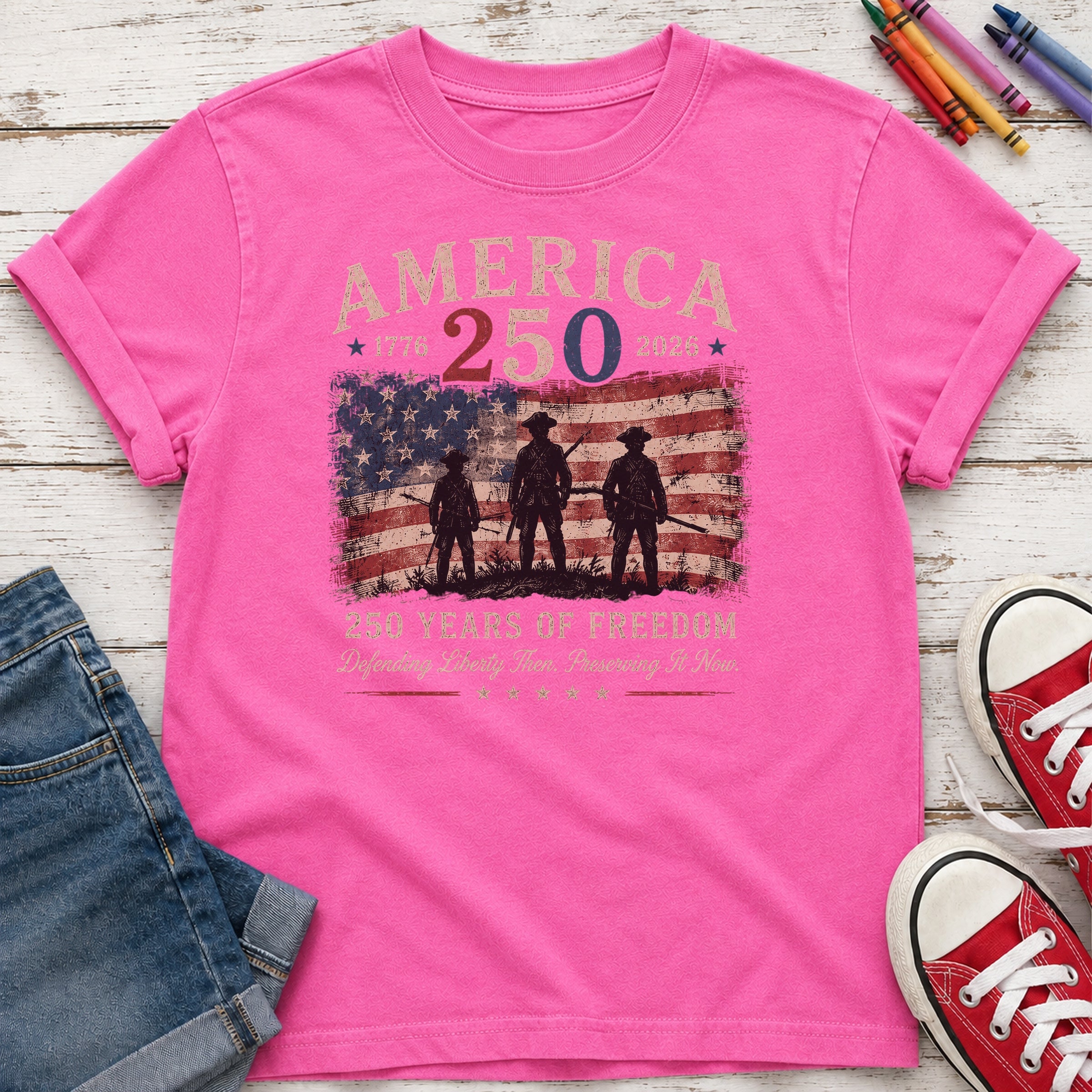 Defending Liberty America 250 Patriotic Youth Tee, 250 Years of Freedom Flag