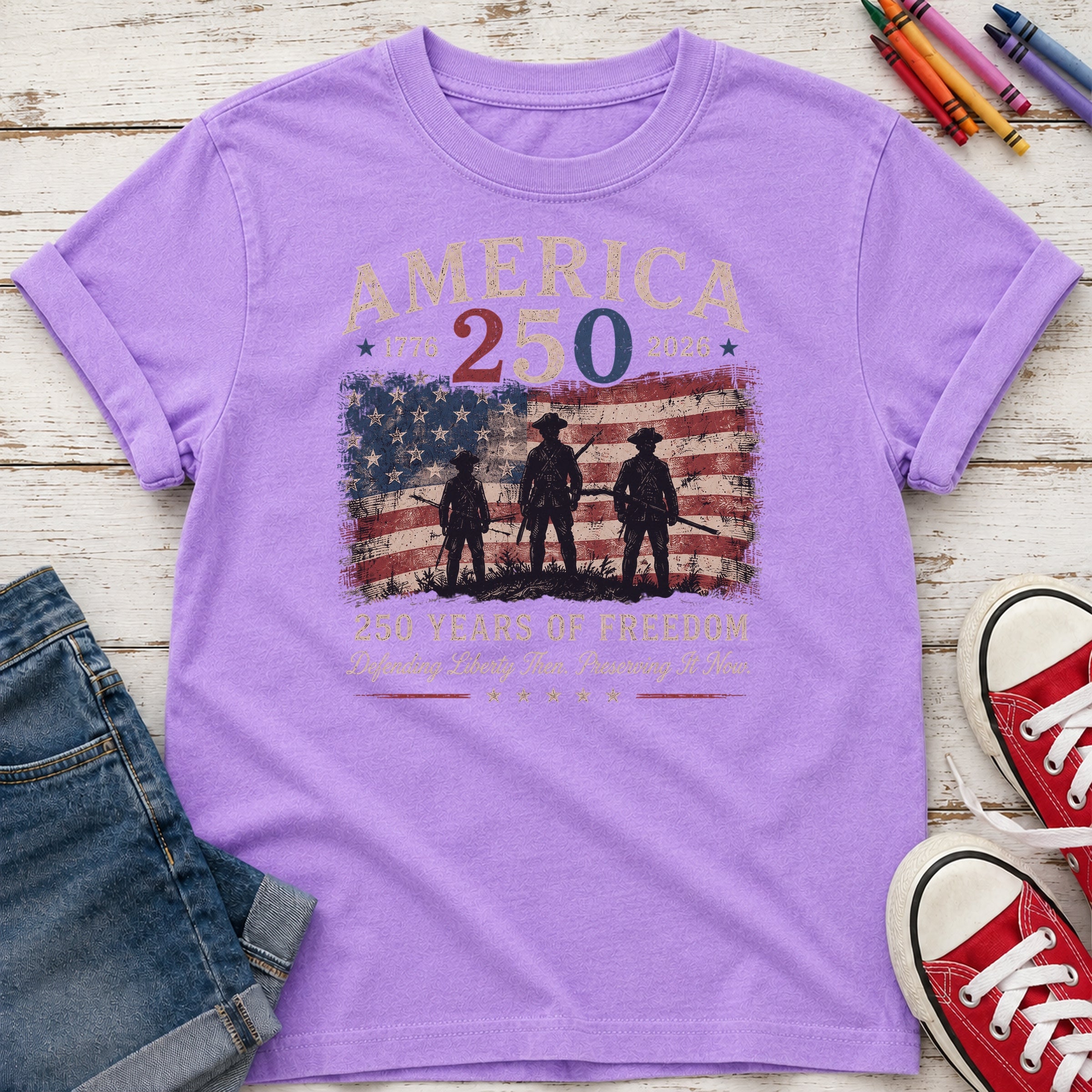 Defending Liberty America 250 Patriotic Youth Tee, 250 Years of Freedom Flag