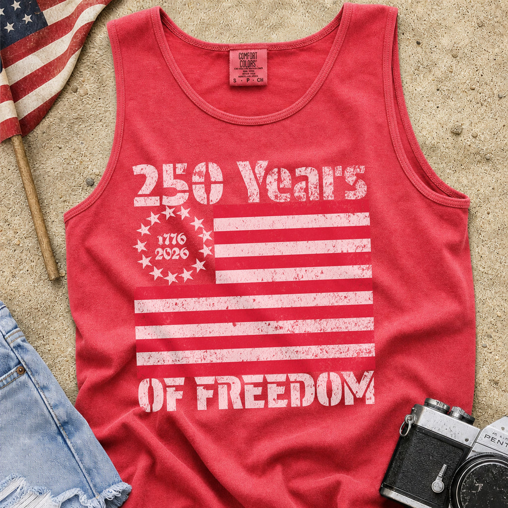 America 250 Tank Top — 250 Years of Freedom Vintage Flag