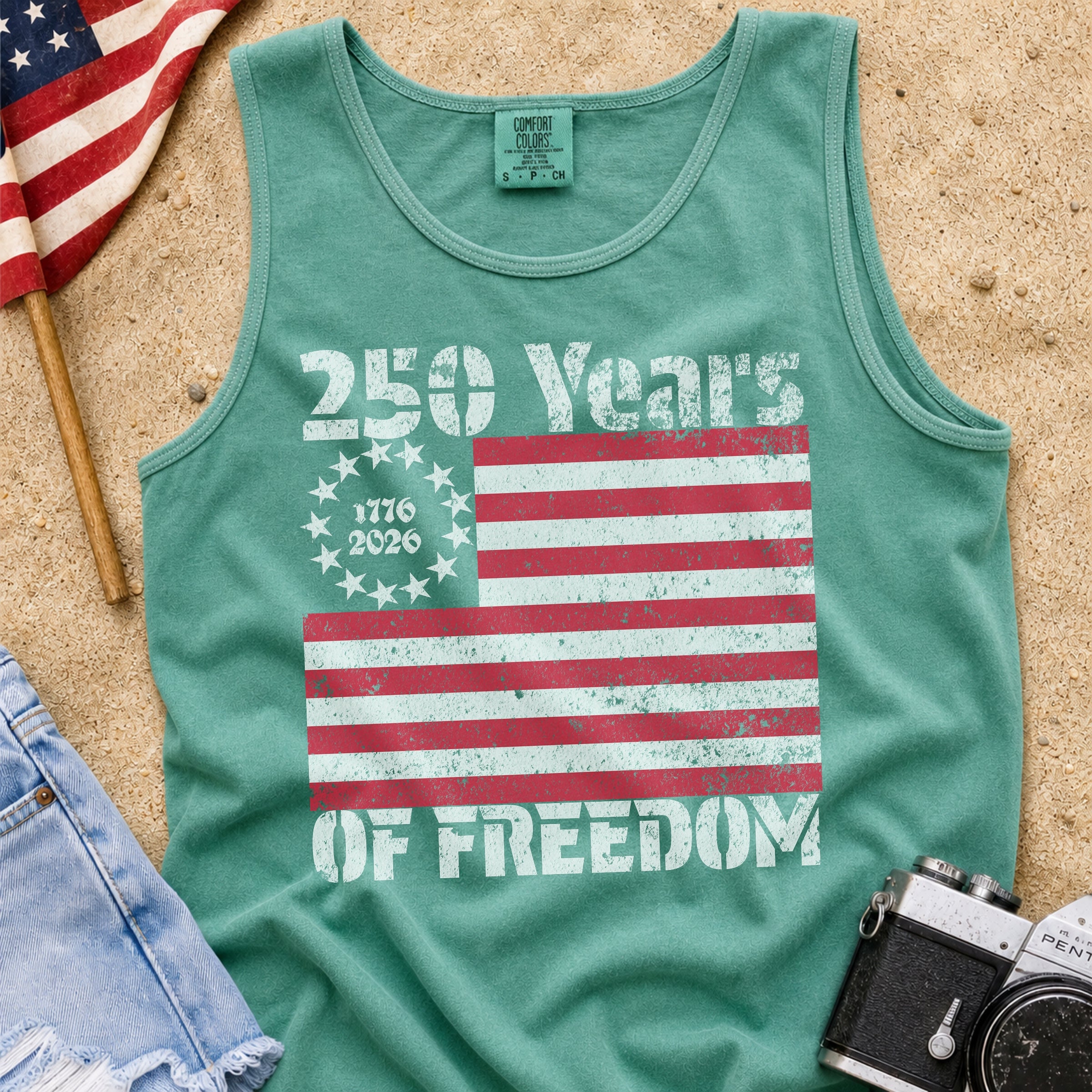 America 250 Tank Top — 250 Years of Freedom Vintage Flag