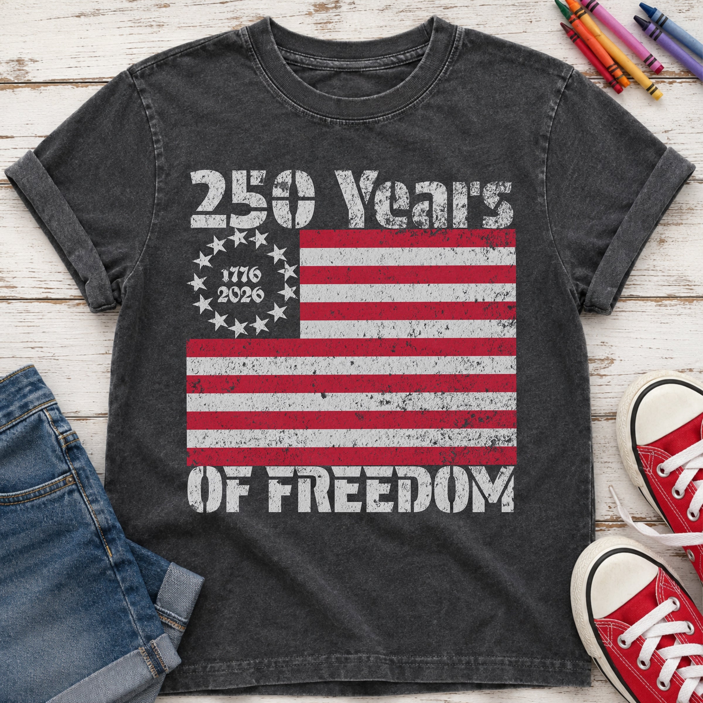 America 250 Youth Tee, 250 Years of Freedom Vintage Flag Secondary image