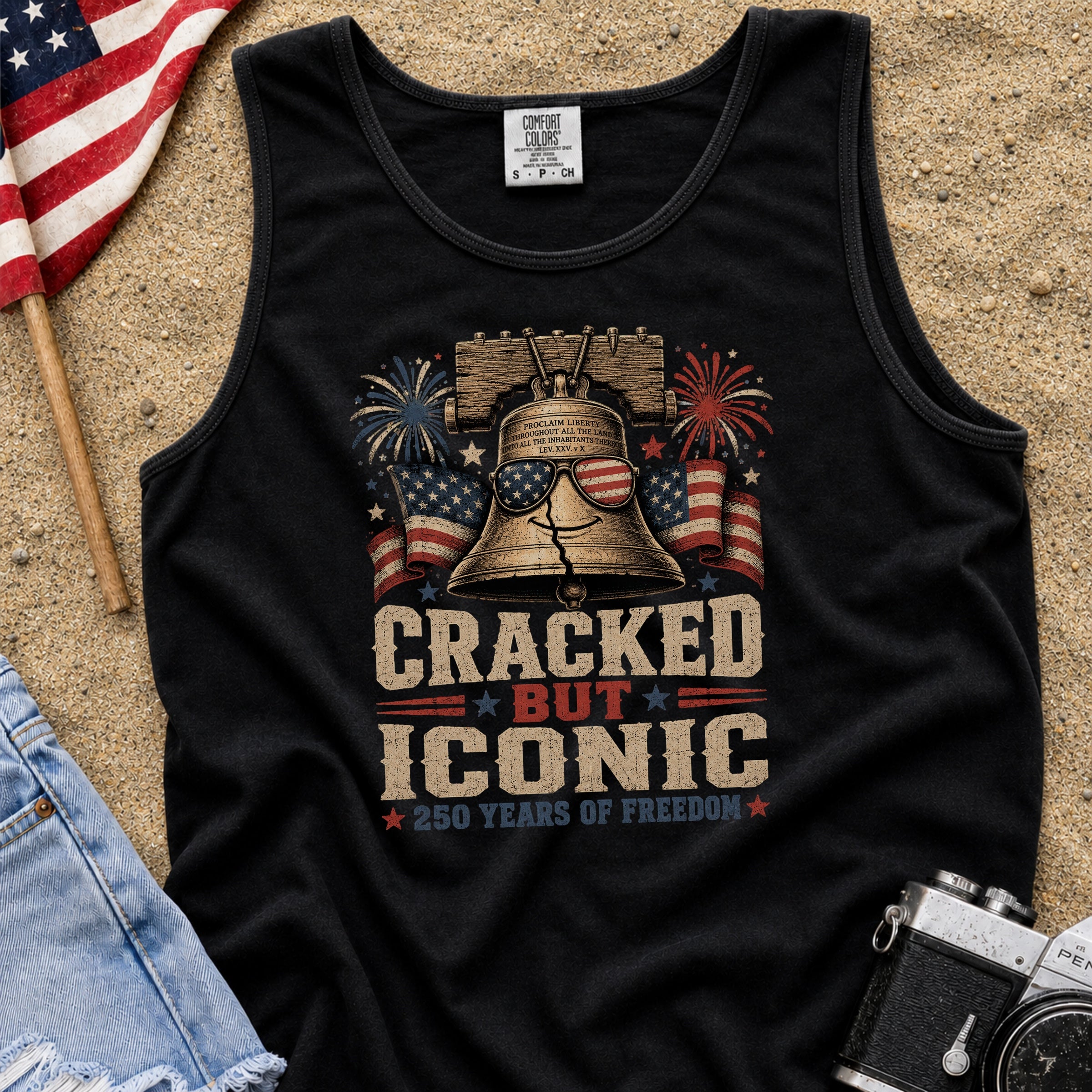 Liberty Bell “Cracked But Iconic” Patriotic Tank Top, America 250 Years of Freedom