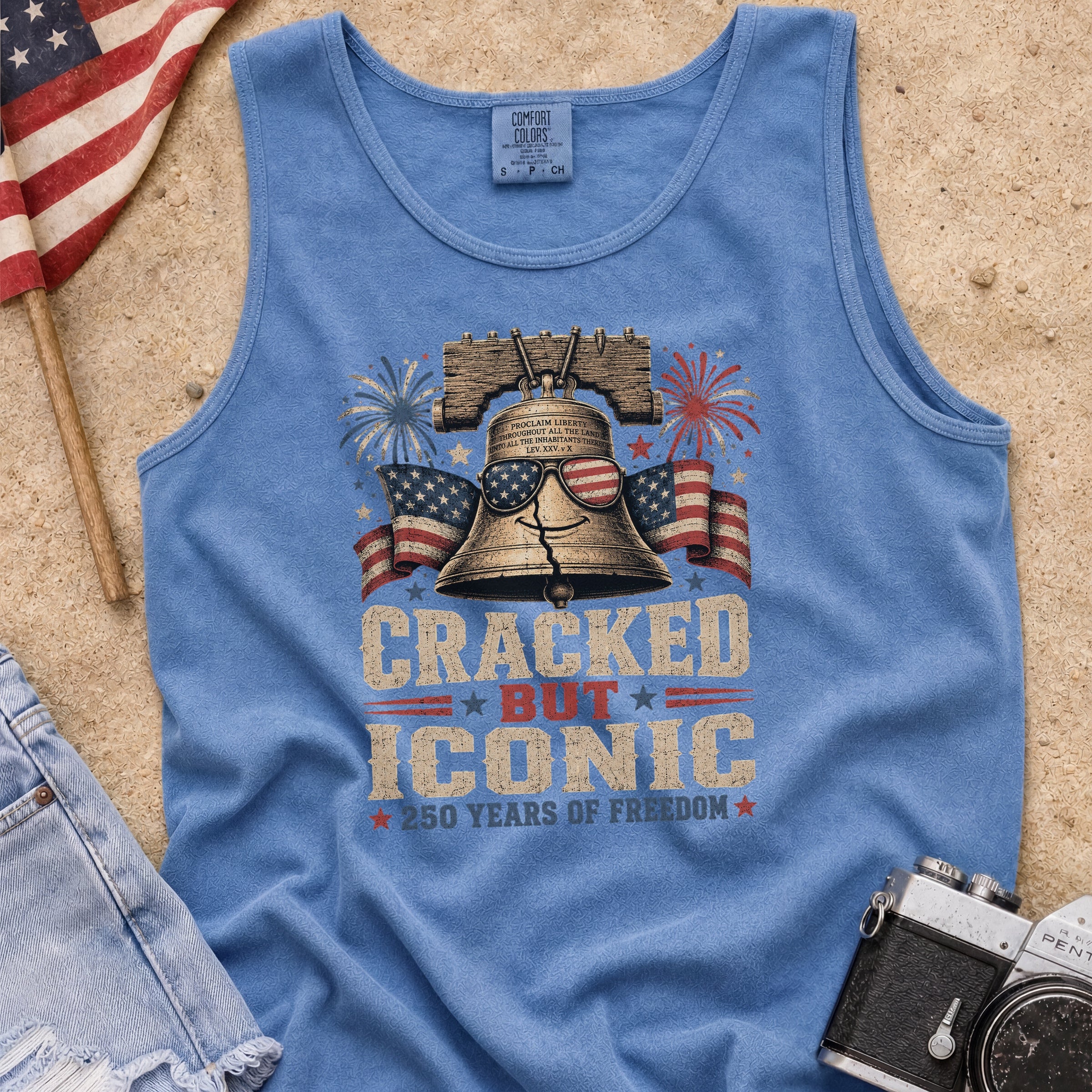 Liberty Bell “Cracked But Iconic” Patriotic Tank Top, America 250 Years of Freedom