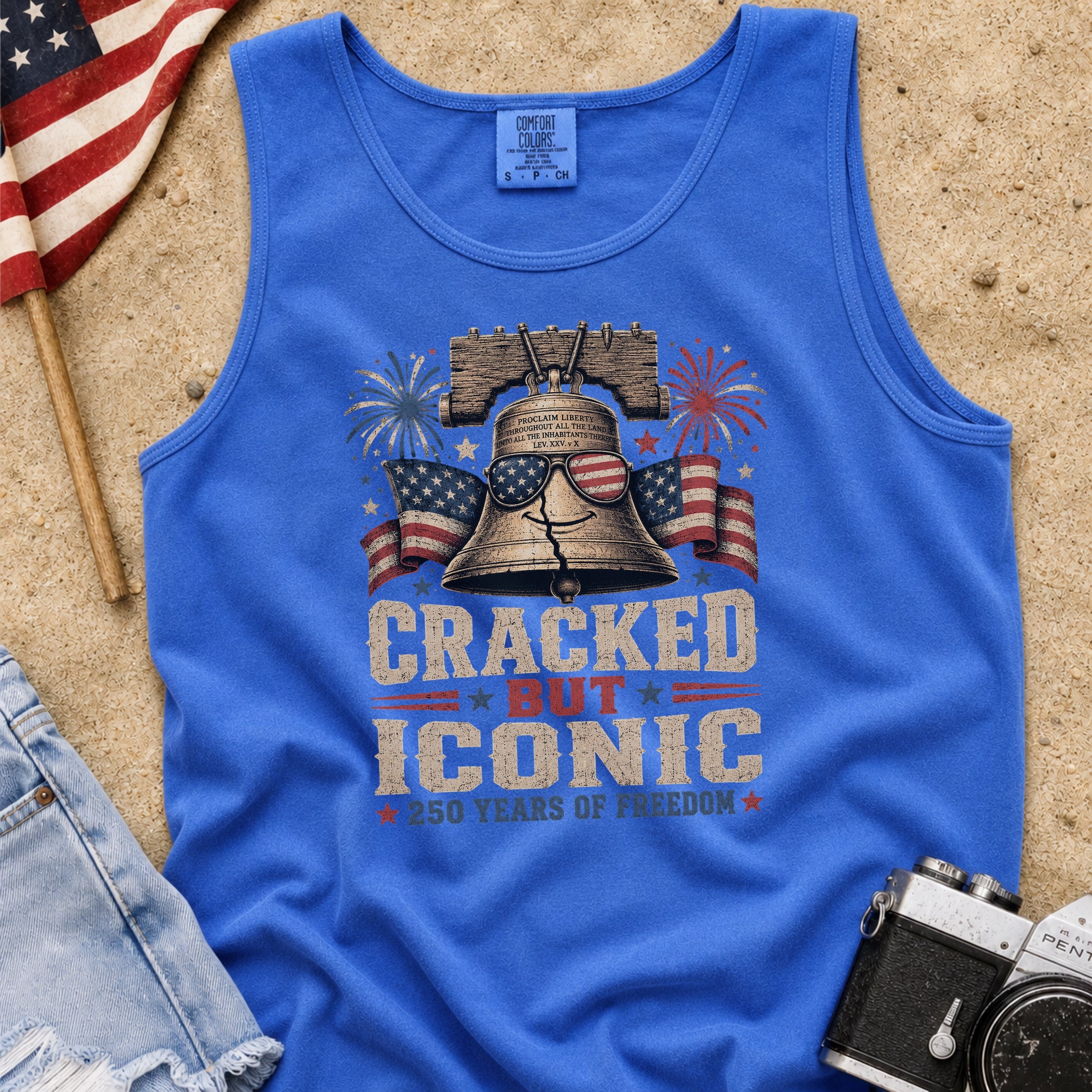 Liberty Bell “Cracked But Iconic” Patriotic Tank Top, America 250 Years of Freedom