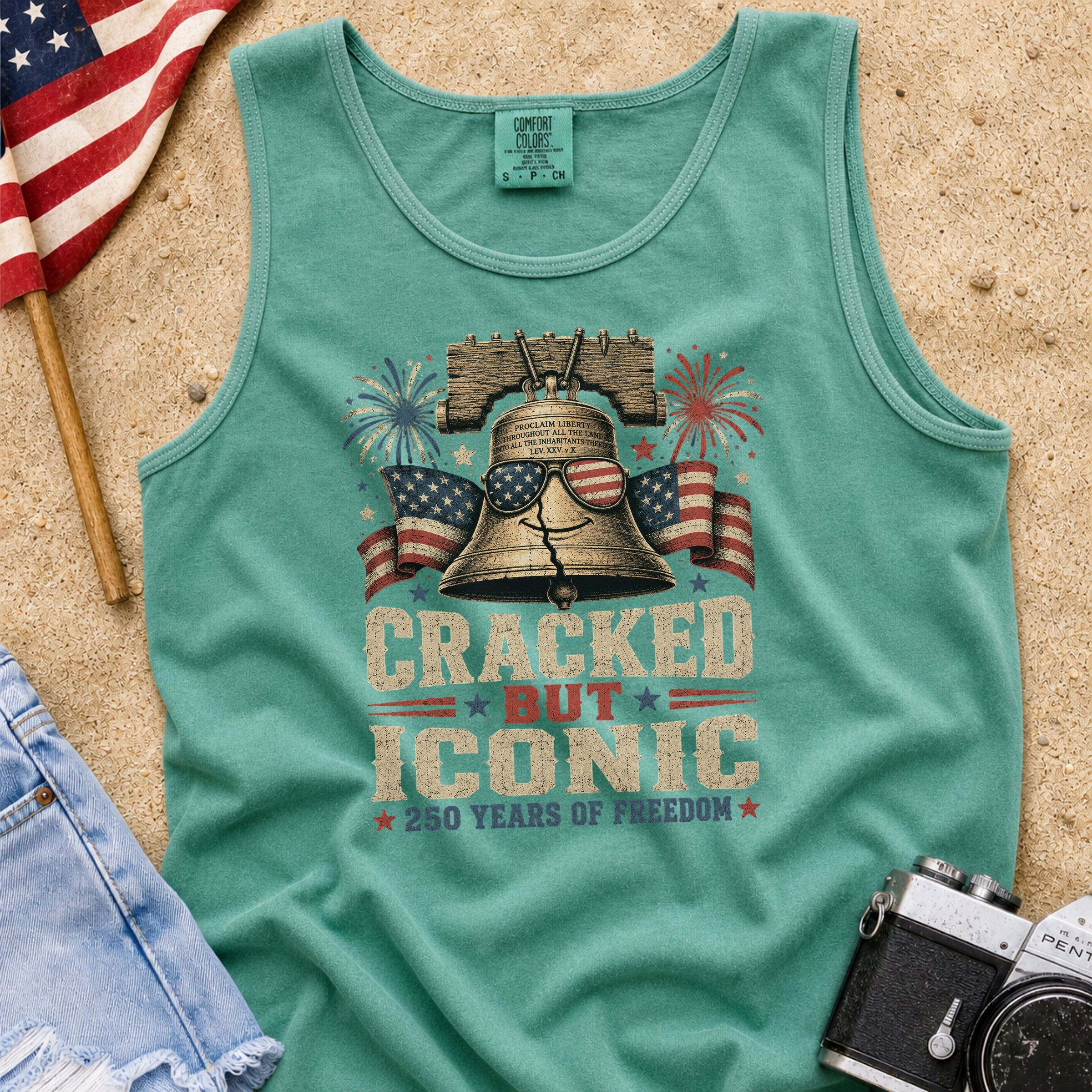 Liberty Bell “Cracked But Iconic” Patriotic Tank Top, America 250 Years of Freedom