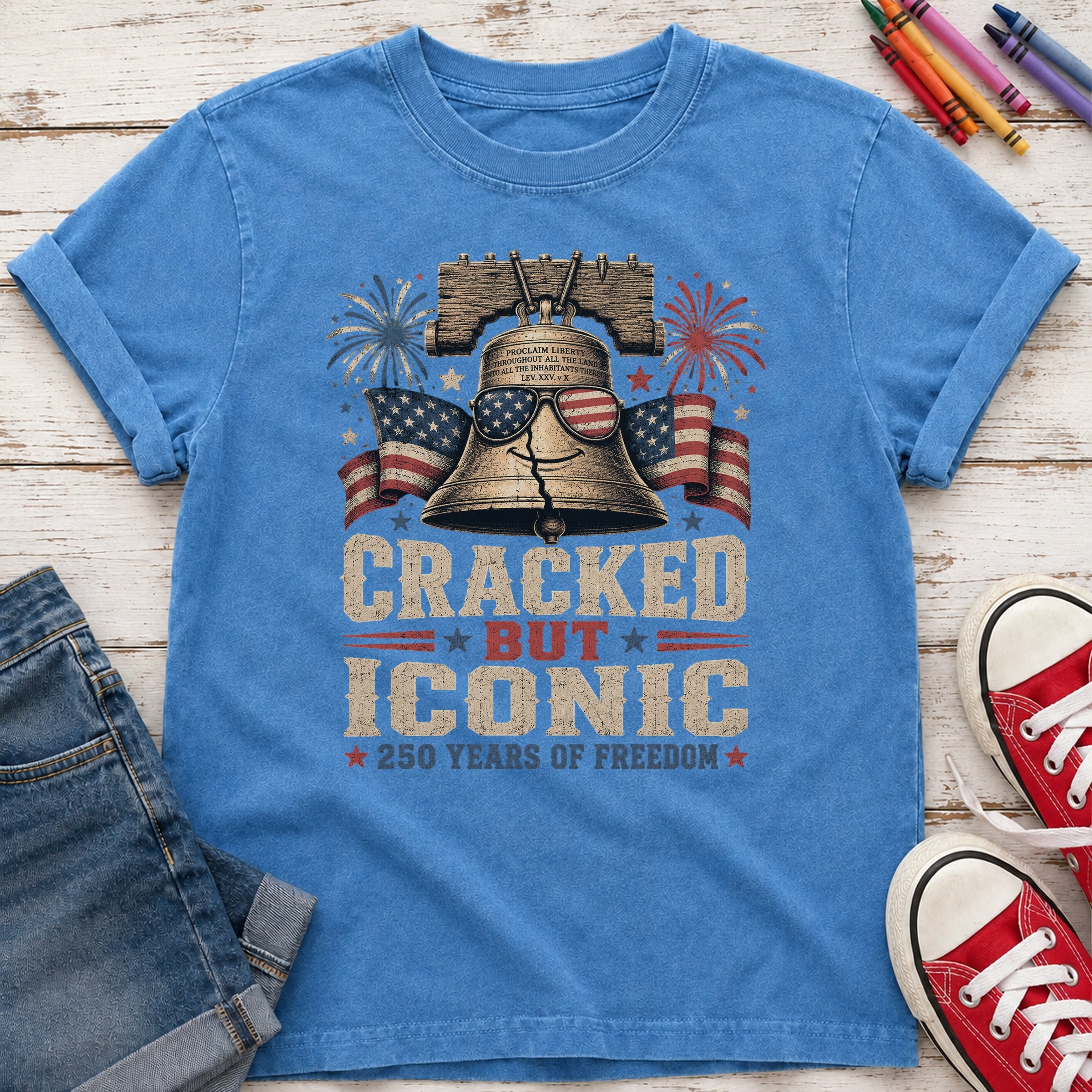 Liberty Bell “Cracked But Iconic” Patriotic Youth Tee, America 250 Years of Freedom